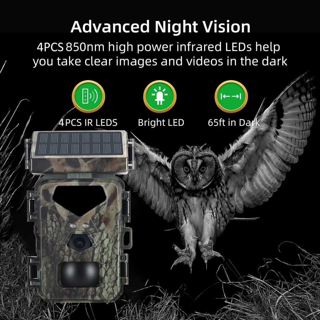 Trail Camera Solar Powered 20MP 1080P Game Camera 0.3s Trigger Time Hunting Cam with Night Vision Motion Activated  Waterproof Loop Recording for Wildlife