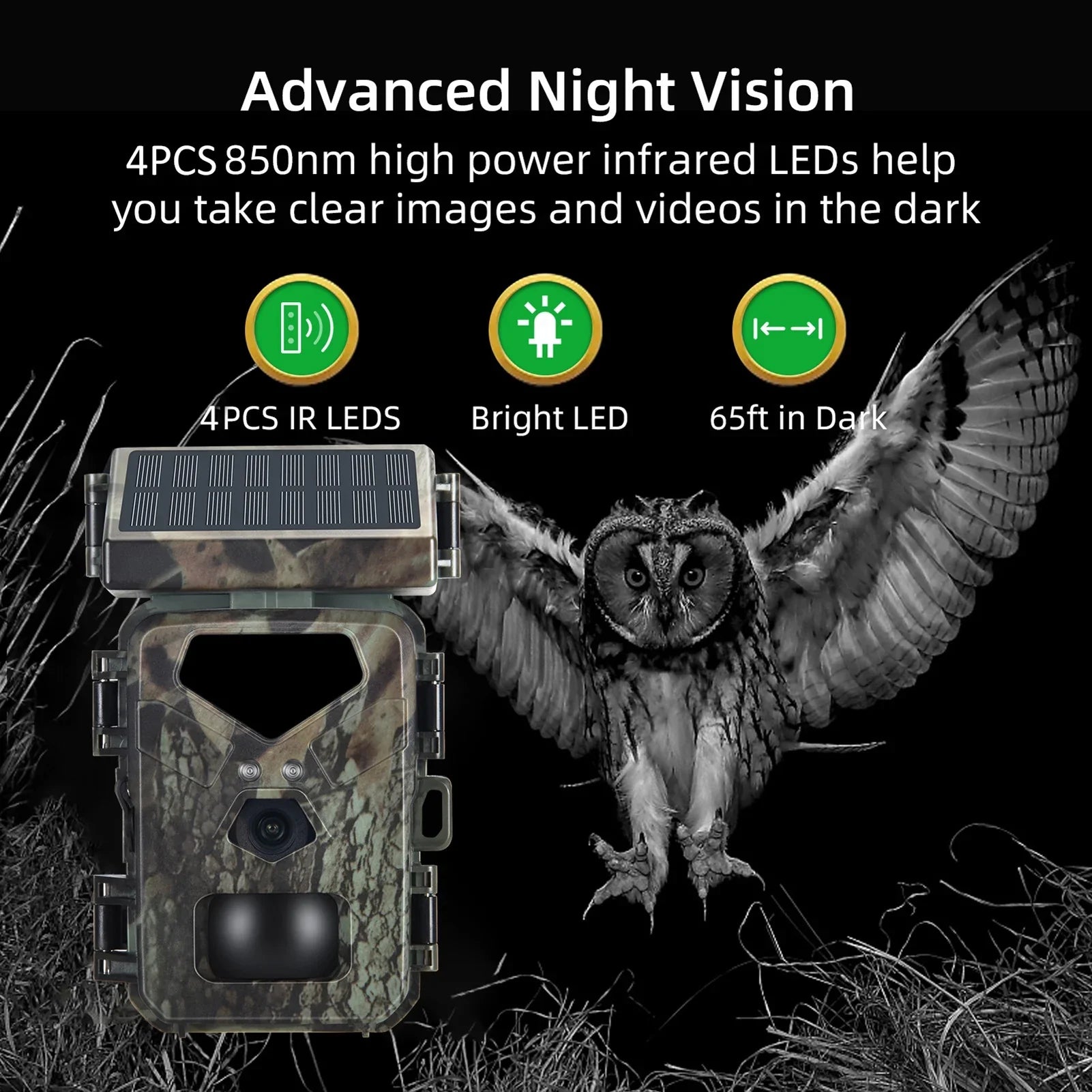 Trail Camera Solar Powered 20MP 1080P Game Camera 0.3s Trigger Time Hunting Cam with Night Vision Motion Activated  Waterproof Loop Recording for Wildlife