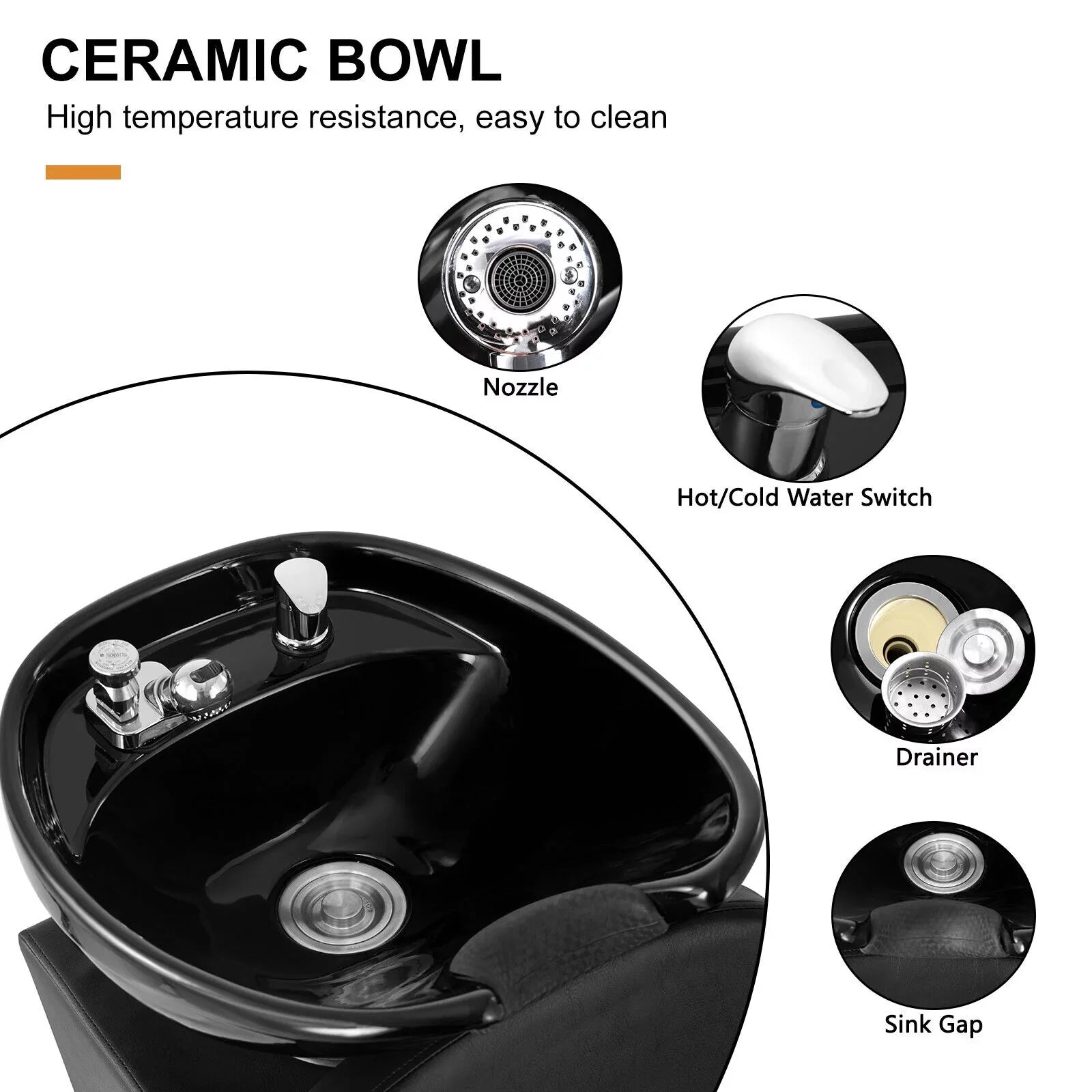Artist Hand Black Shampoo Bowl and Chair Backwash Sink Salon Spa Beauty Tattoo with Adjustable Ceramic Bowl, Footrest