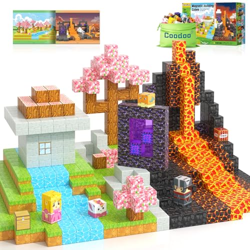 Montessori Magnetic Tiles Set with Volcano and Blossom Double Worlds