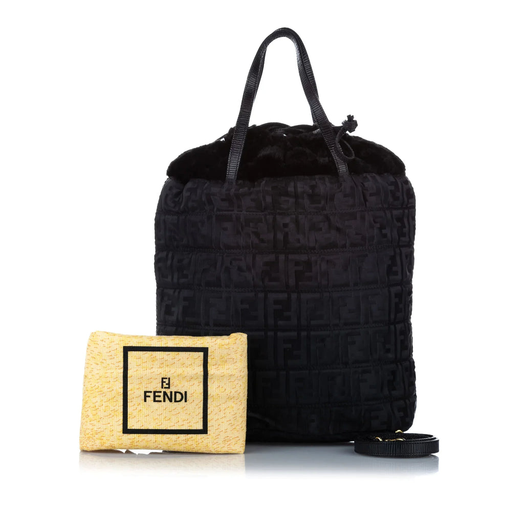 Pre-Owned Fendi Zucca Drawstring Tote Bag Nylon Fabric Black Satchel Women (Good)