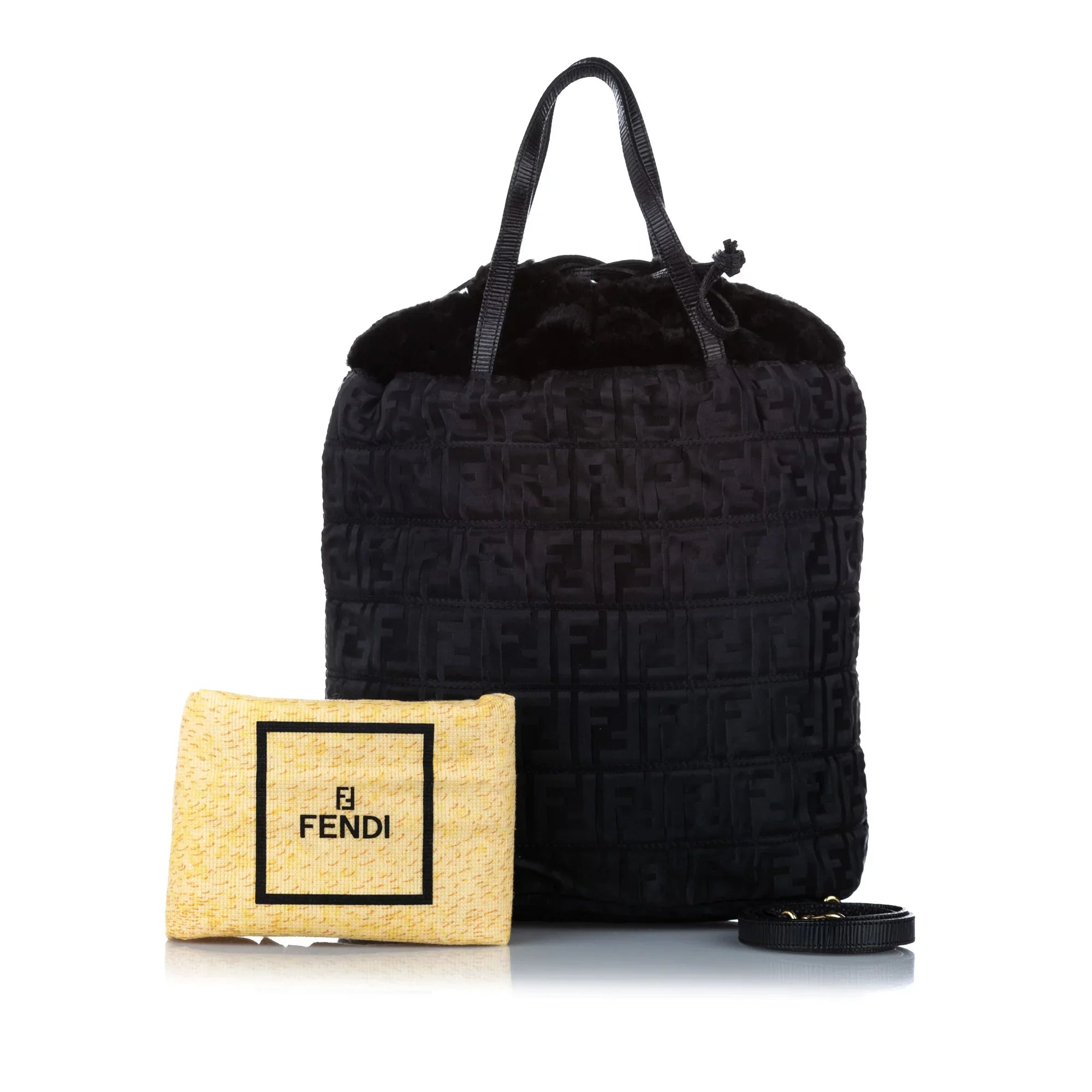 Pre-Owned Fendi Zucca Drawstring Tote Bag Nylon Fabric Black Satchel Women (Good)