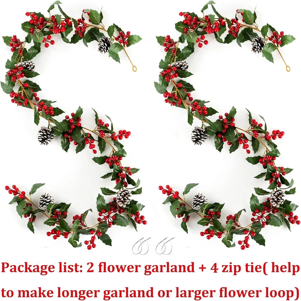 Blosmon Christmas Garland Decorations 2 Pcs 5.9Ft Artificial Red Berry Garland Christmas Leaves Pinecones Indoor Outdoor  for Fireplace Kitchen Door Party Holiday Decor
