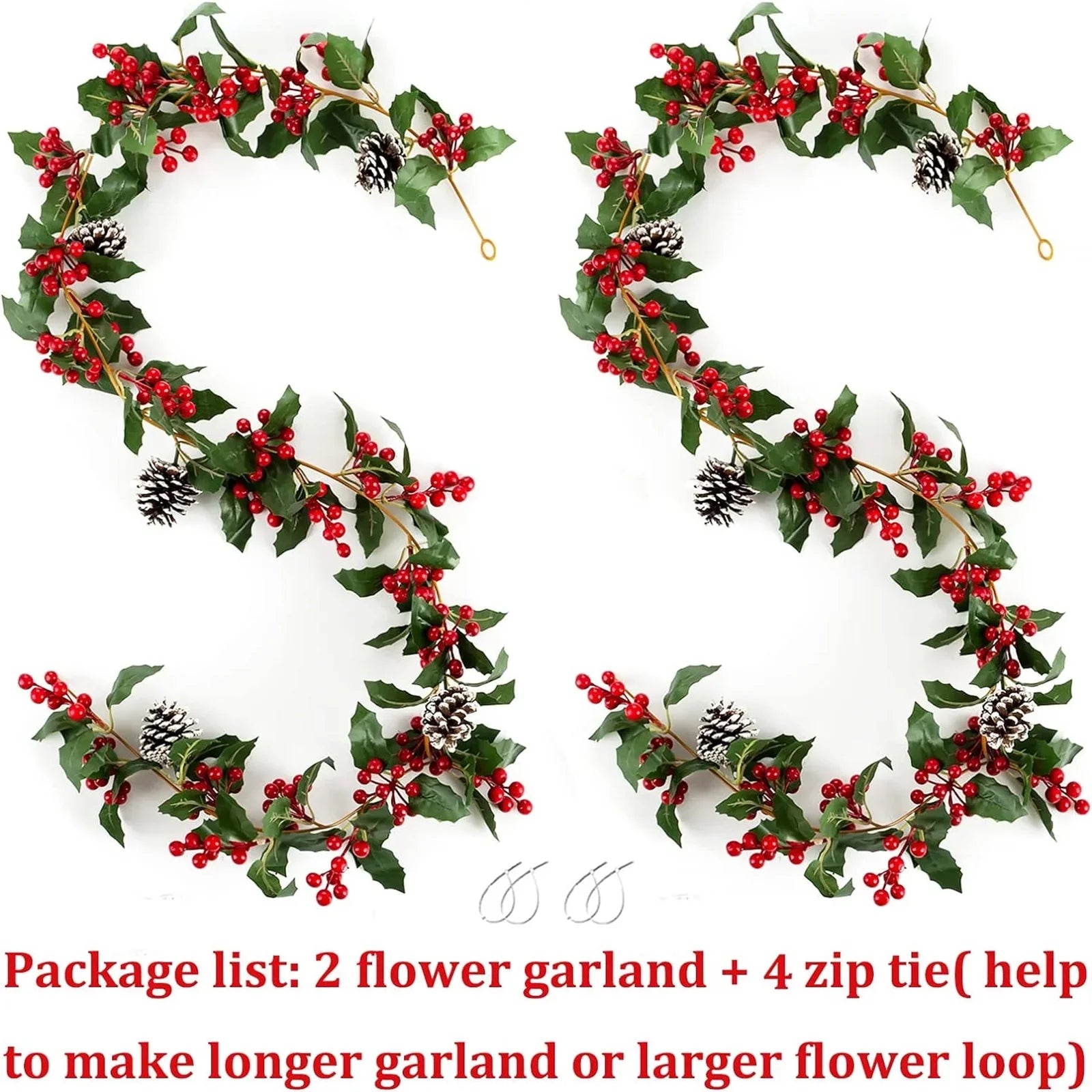 Blosmon Christmas Garland Decorations 2 Pcs 5.9Ft Artificial Red Berry Garland Christmas Leaves Pinecones Indoor Outdoor  for Fireplace Kitchen Door Party Holiday Decor