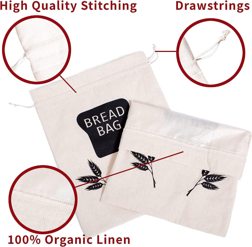 Baodeli 2  Bread Bags for Homemade Bread - Plastic Lined, Reusable Linen Cloth Saver Bag For Sourdough & Homemade Bread Storage - 17" x 13"
