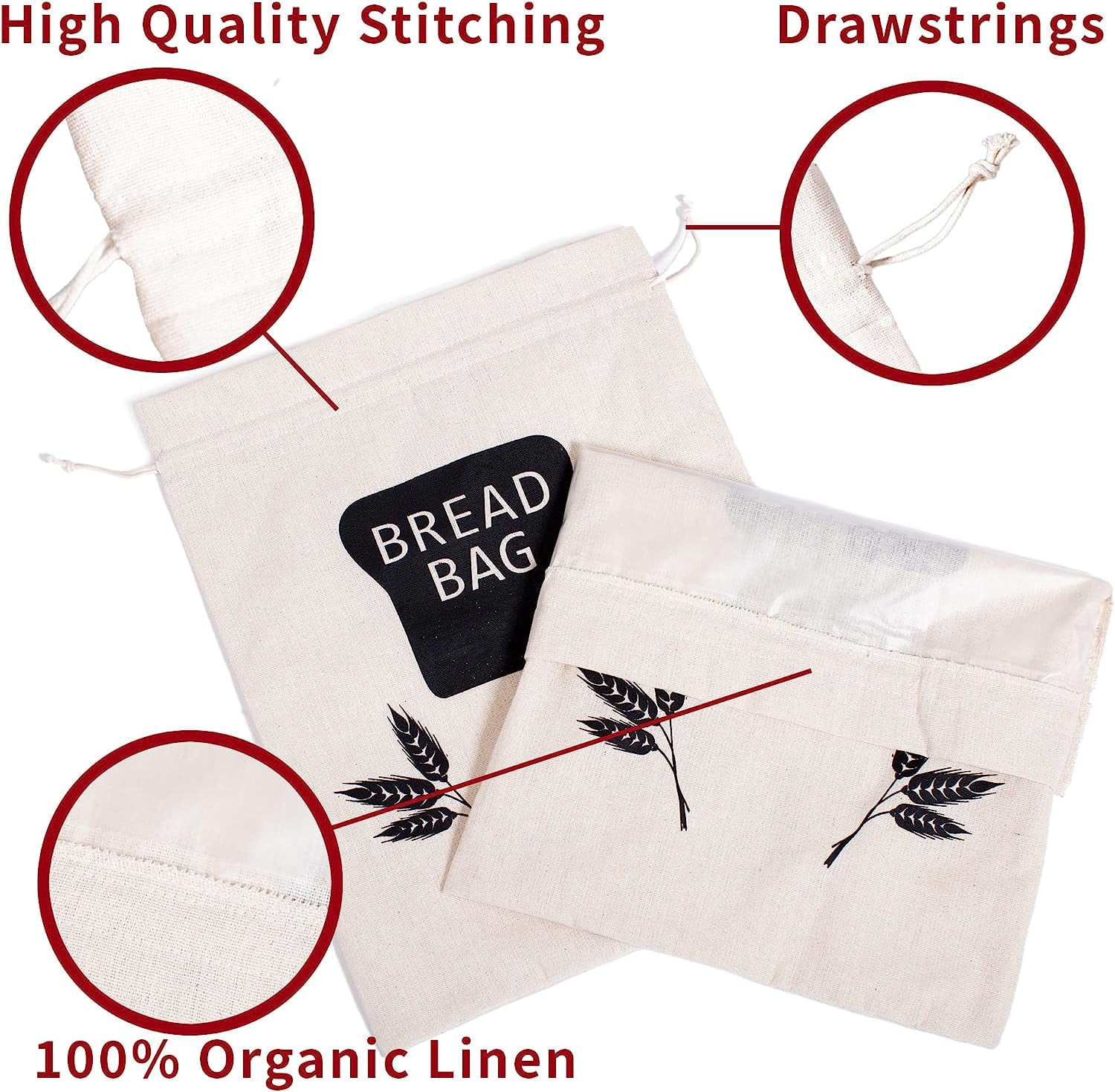 Baodeli 2  Bread Bags for Homemade Bread - Plastic Lined, Reusable Linen Cloth Saver Bag For Sourdough & Homemade Bread Storage - 17" x 13"