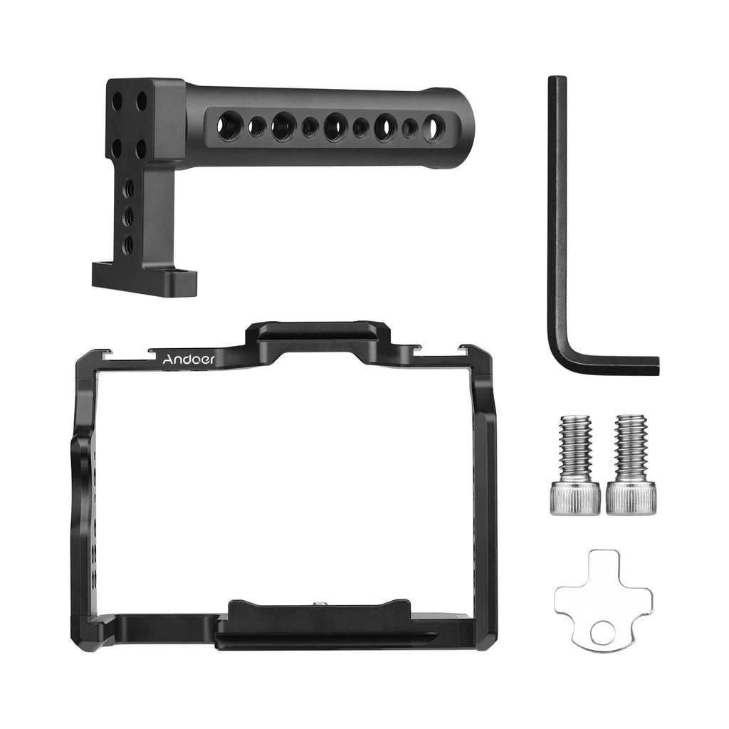 Andoer Camera Video Cage + Handle Kit Aluminum Alloy with Dual Cold Shoe Mounts Numerous 1/4 Inch Threads Replacement for Sony / / /  /  /