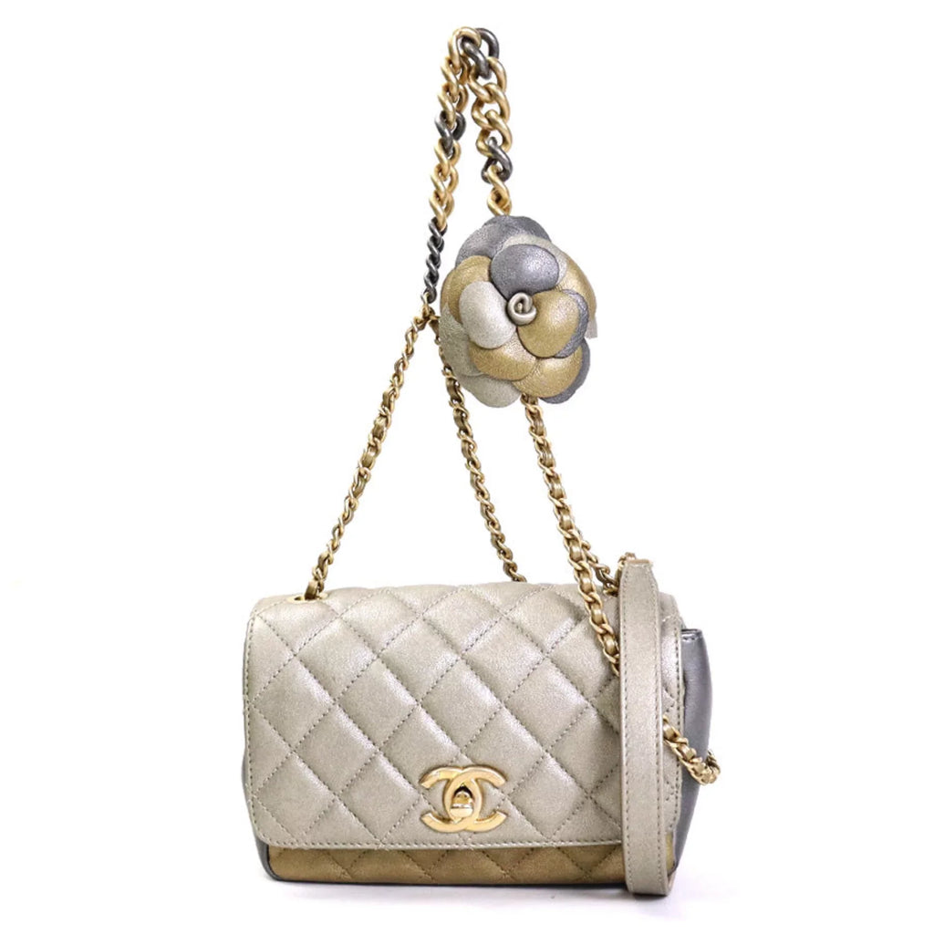 Pre-Owned Chanel  Diagonal Shoulder Bag Matelasse Camellia Leather/Metal Greige/Gold/Gray Women's e55934a (Good)
