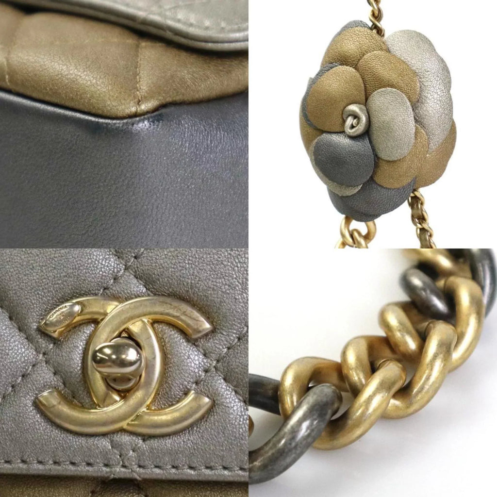 Pre-Owned Chanel  Diagonal Shoulder Bag Matelasse Camellia Leather/Metal Greige/Gold/Gray Women's e55934a (Good)