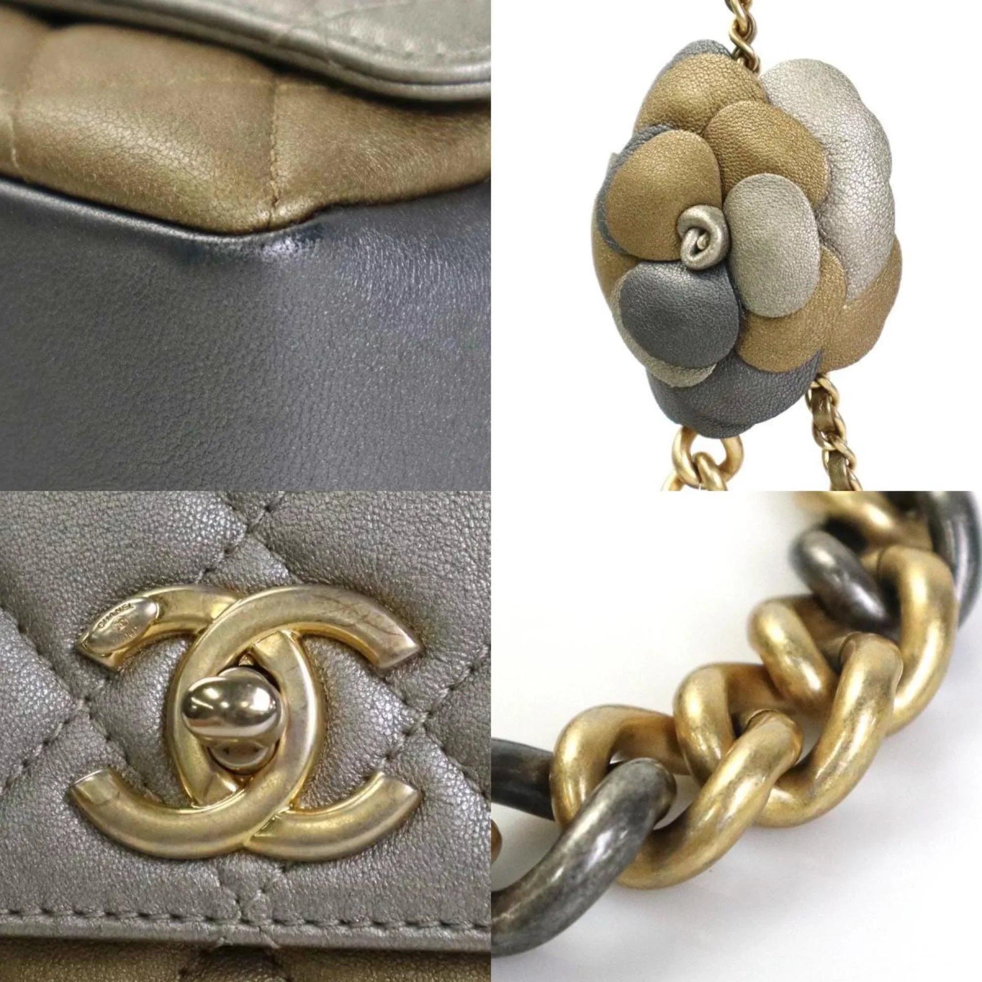 Pre-Owned Chanel  Diagonal Shoulder Bag Matelasse Camellia Leather/Metal Greige/Gold/Gray Women's e55934a (Good)