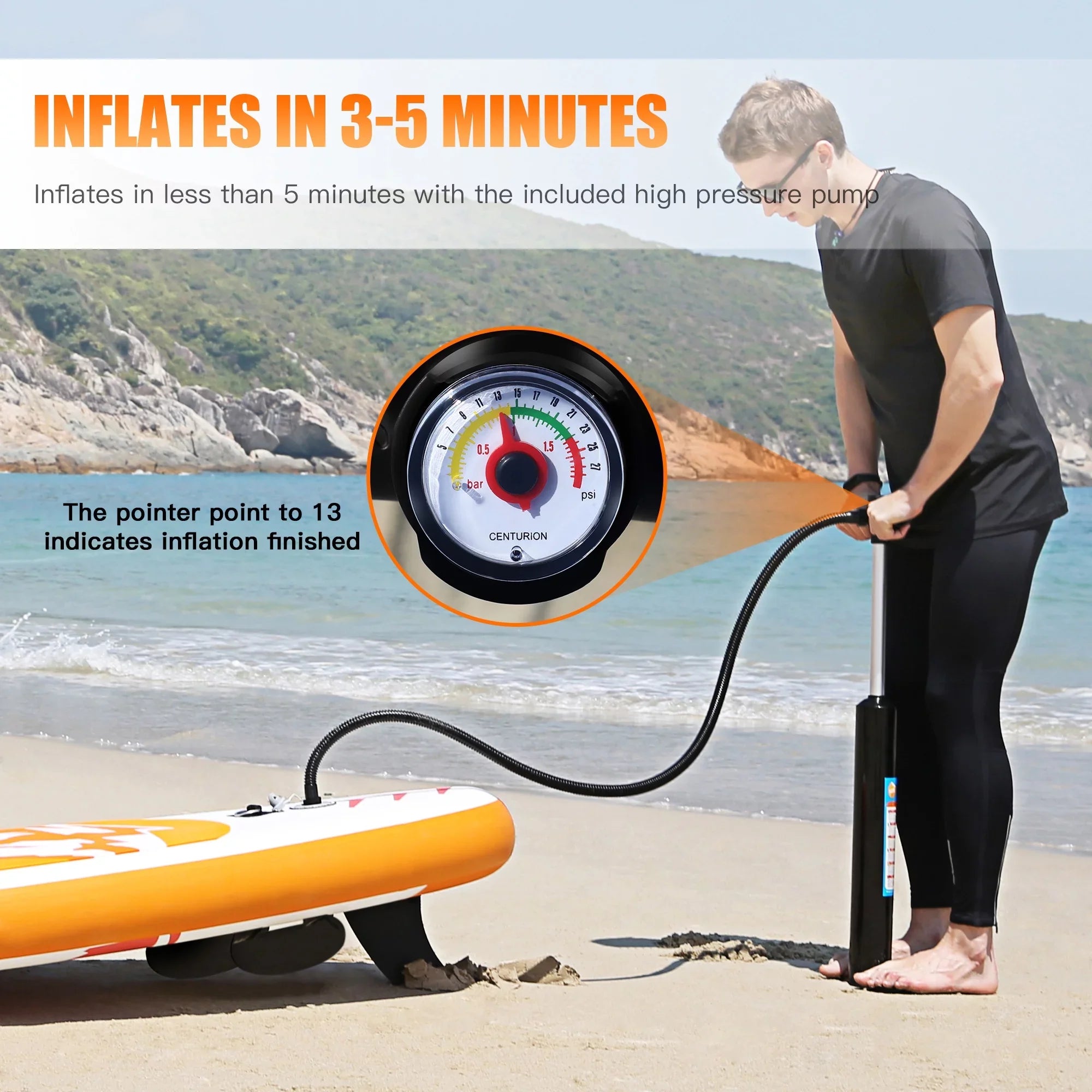 Famistar 10' Inflatable Stand Up Paddle Board (6"Thick) with / 3 Pins | Wide Stance, Bottom Fin for Paddling, Surf Control, Non-Slip Deck |Youth & Adult Standing Boat-Orange