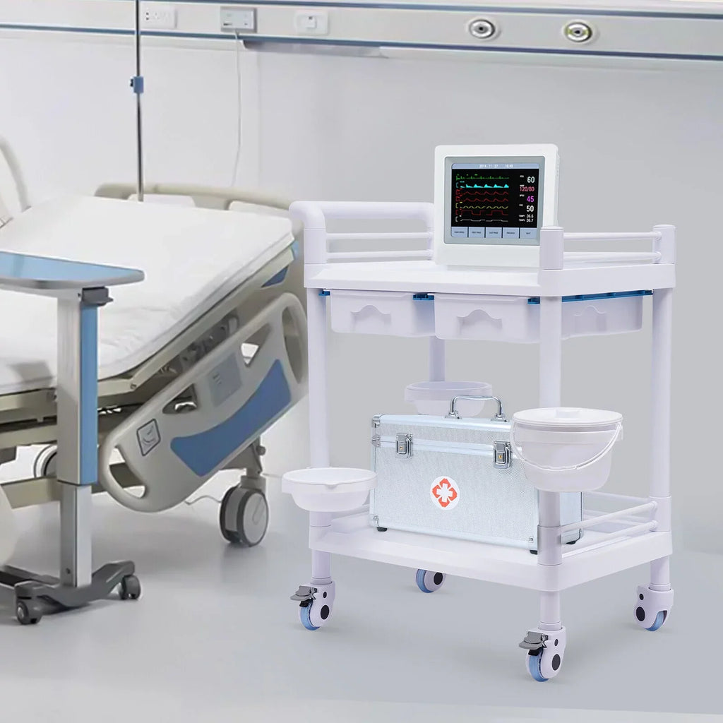 Miumaeov Medical Trolley 2 Tier Spacious Beauty Salon Rolling Trolley with Dirt Buckets Drawers 360°Rotate Wheels Heavy Duty Medical Utility Cart for Hospital Dental Clinic