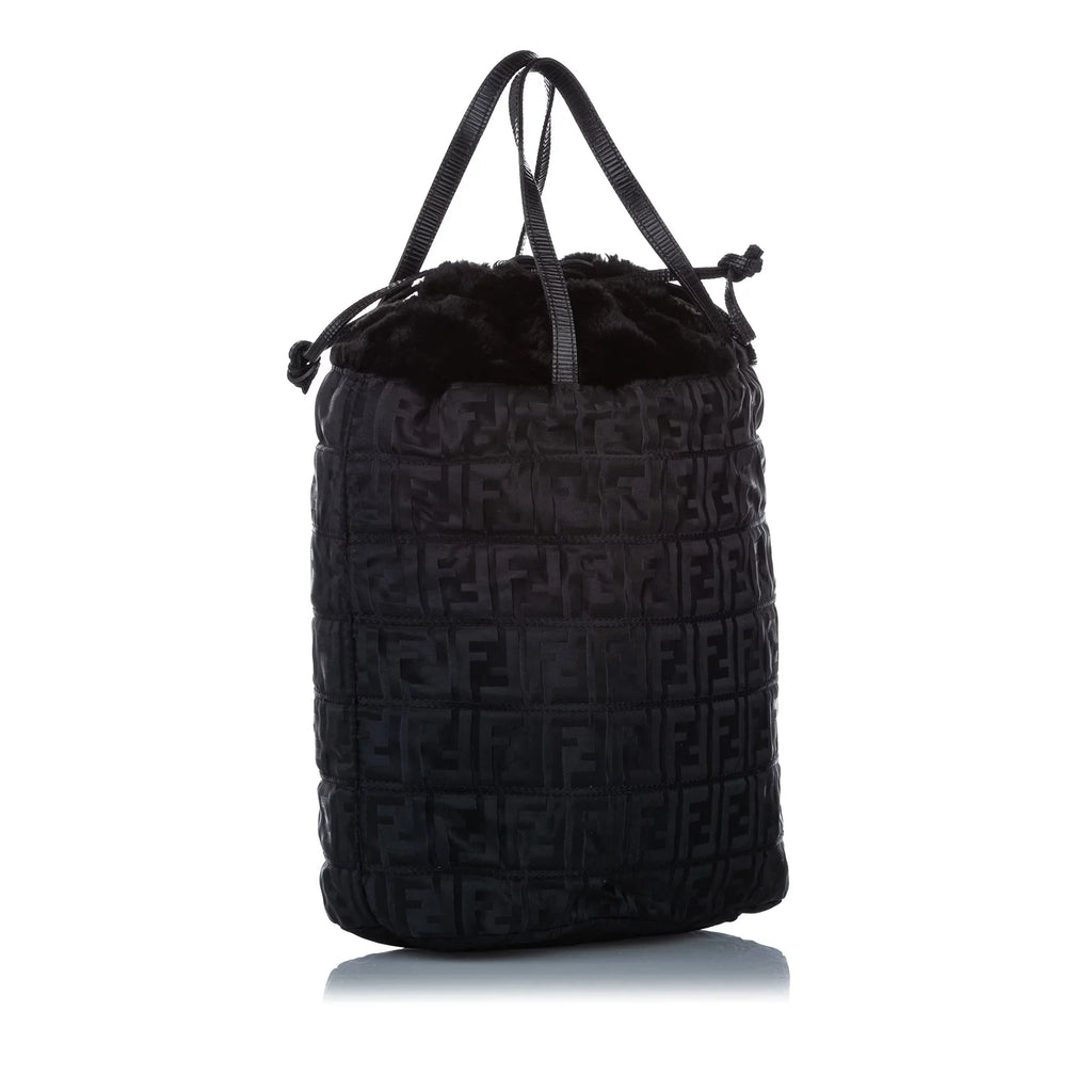 Pre-Owned Fendi Zucca Drawstring Tote Bag Nylon Fabric Black Satchel Women (Good)