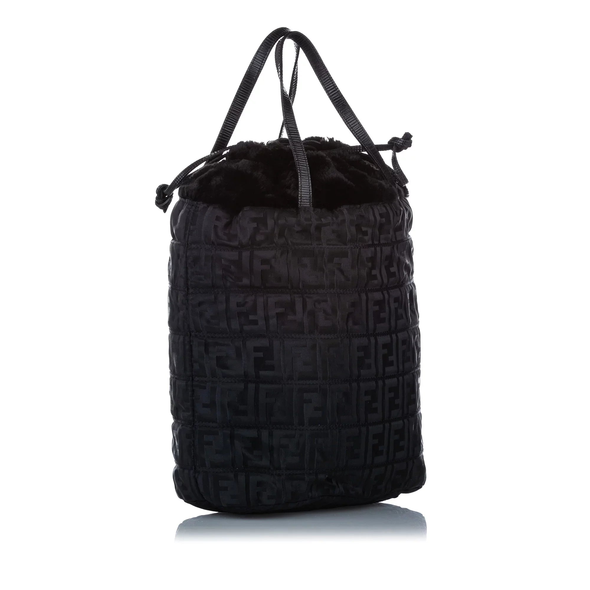 Pre-Owned Fendi Zucca Drawstring Tote Bag Nylon Fabric Black Satchel Women (Good)