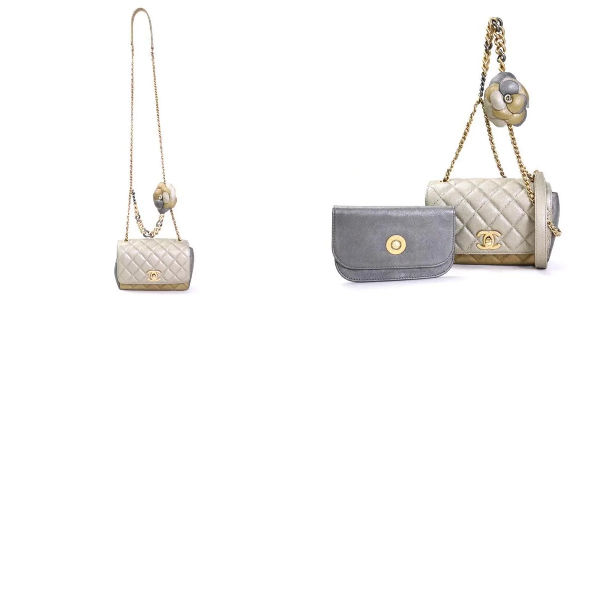 Pre-Owned Chanel  Diagonal Shoulder Bag Matelasse Camellia Leather/Metal Greige/Gold/Gray Women's e55934a (Good)