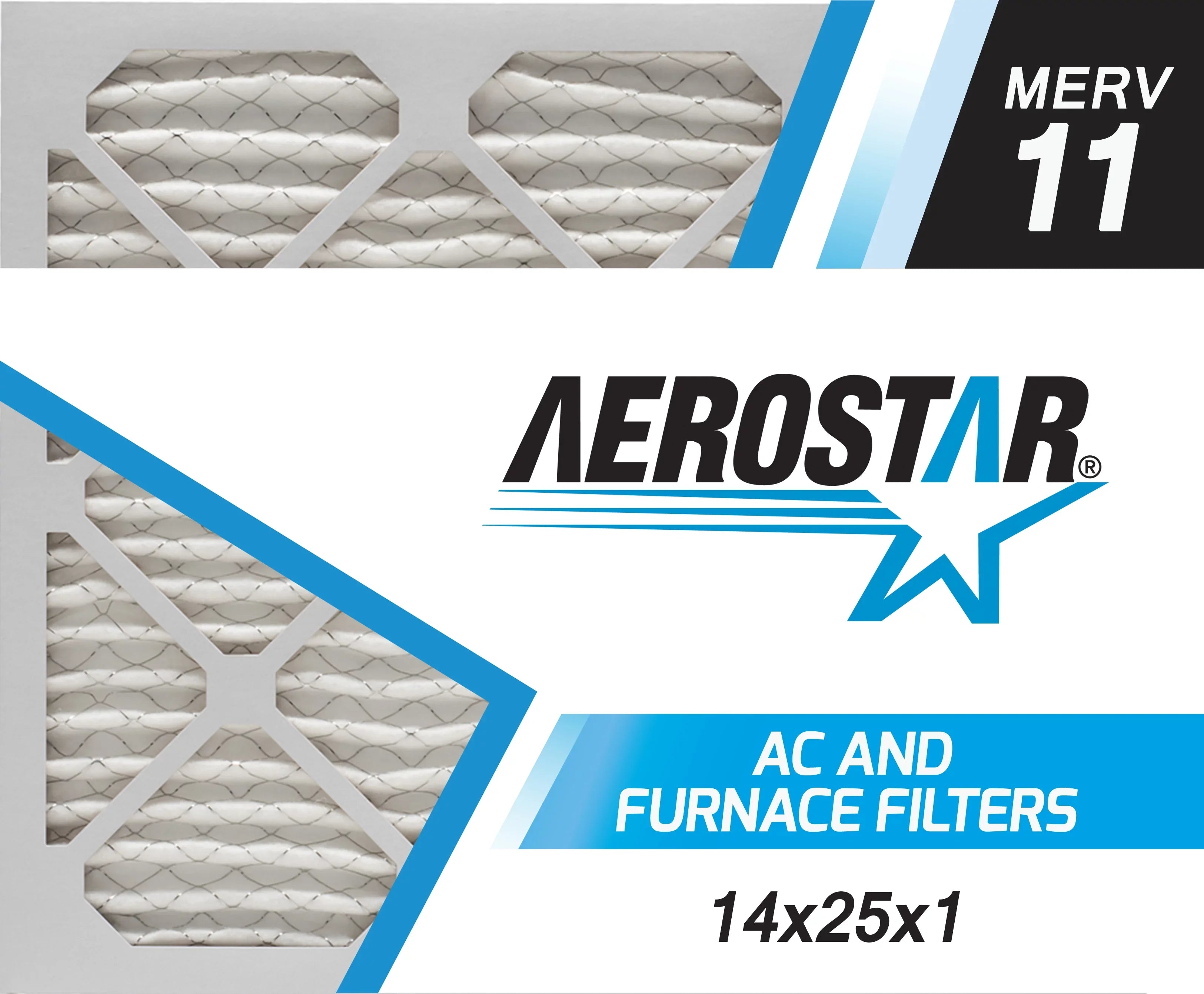 Aerostar 14x25x1  11 Pleated Air Filter,  Furnace Air Filter, 2 Pack