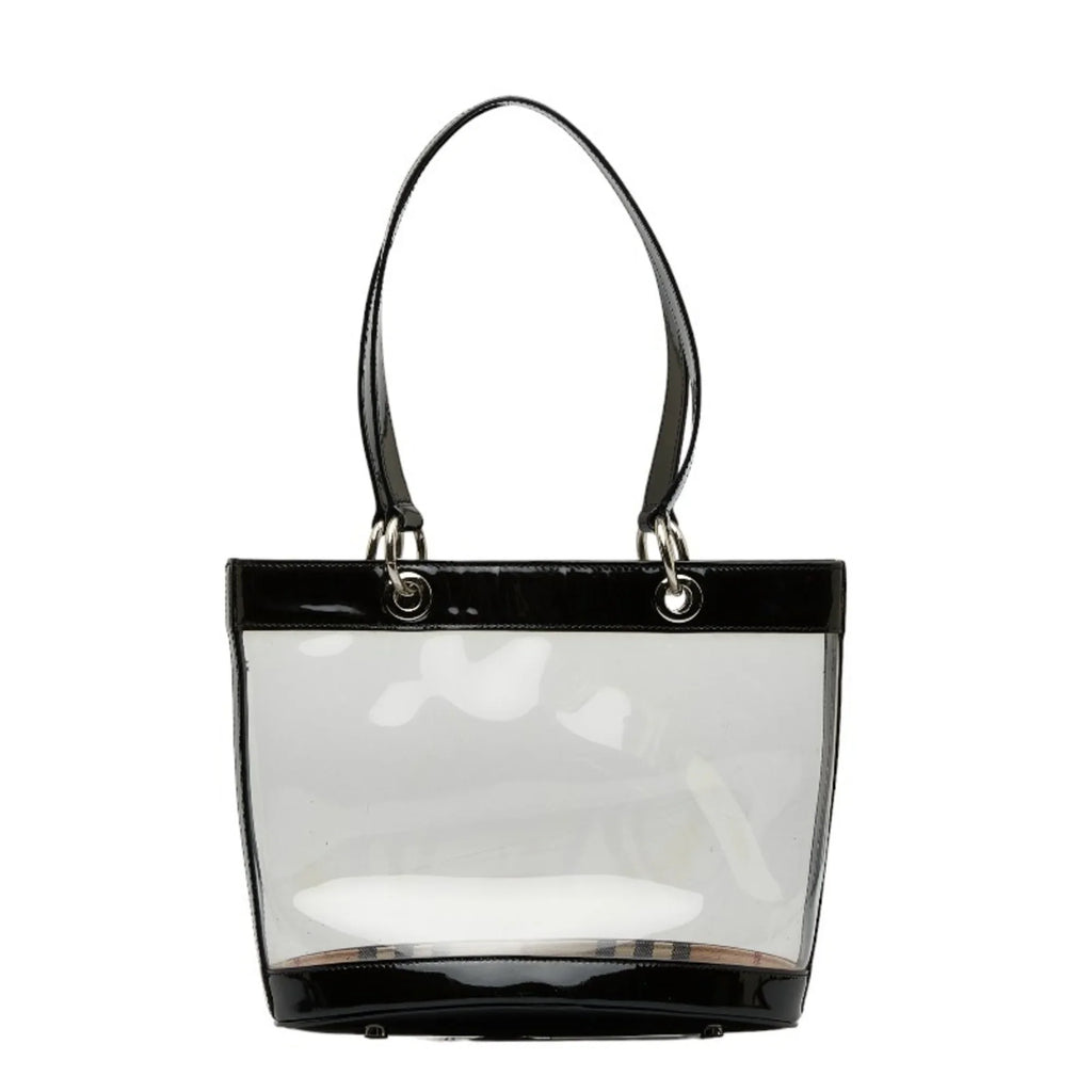 Pre-Owned Burberry Nova Check Embossed Clear Bag Handbag Tote Beige Black Vinyl Leather Canvas Ladies  (Good)