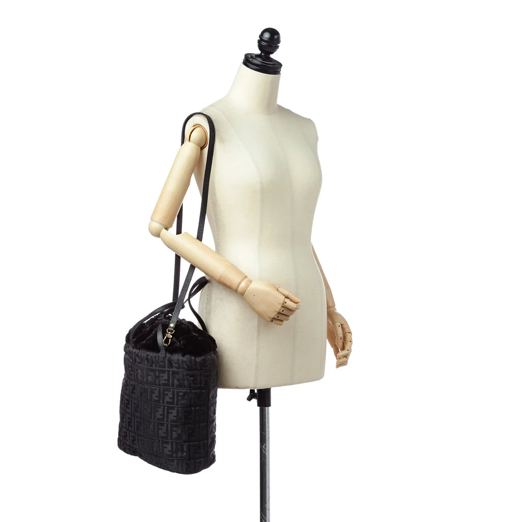 Pre-Owned Fendi Zucca Drawstring Tote Bag Nylon Fabric Black Satchel Women (Good)