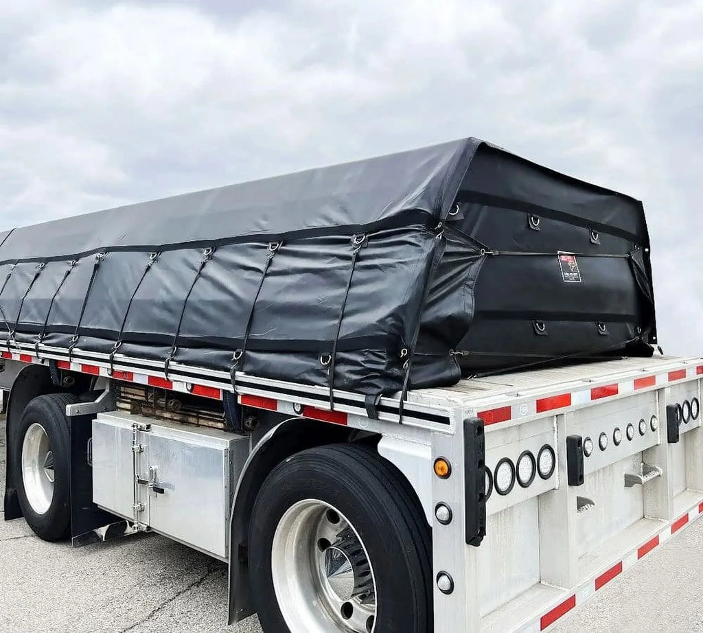 24' x 18' Black Steel Tarp for Heavy Duty Truck Cargo - 14 Oz Vinly Lightweight Flatbed Tarps with 8' Drop - Waterproof Tarp for Trailers to Protect Cargo from Wind, Rain, Snow and Sun