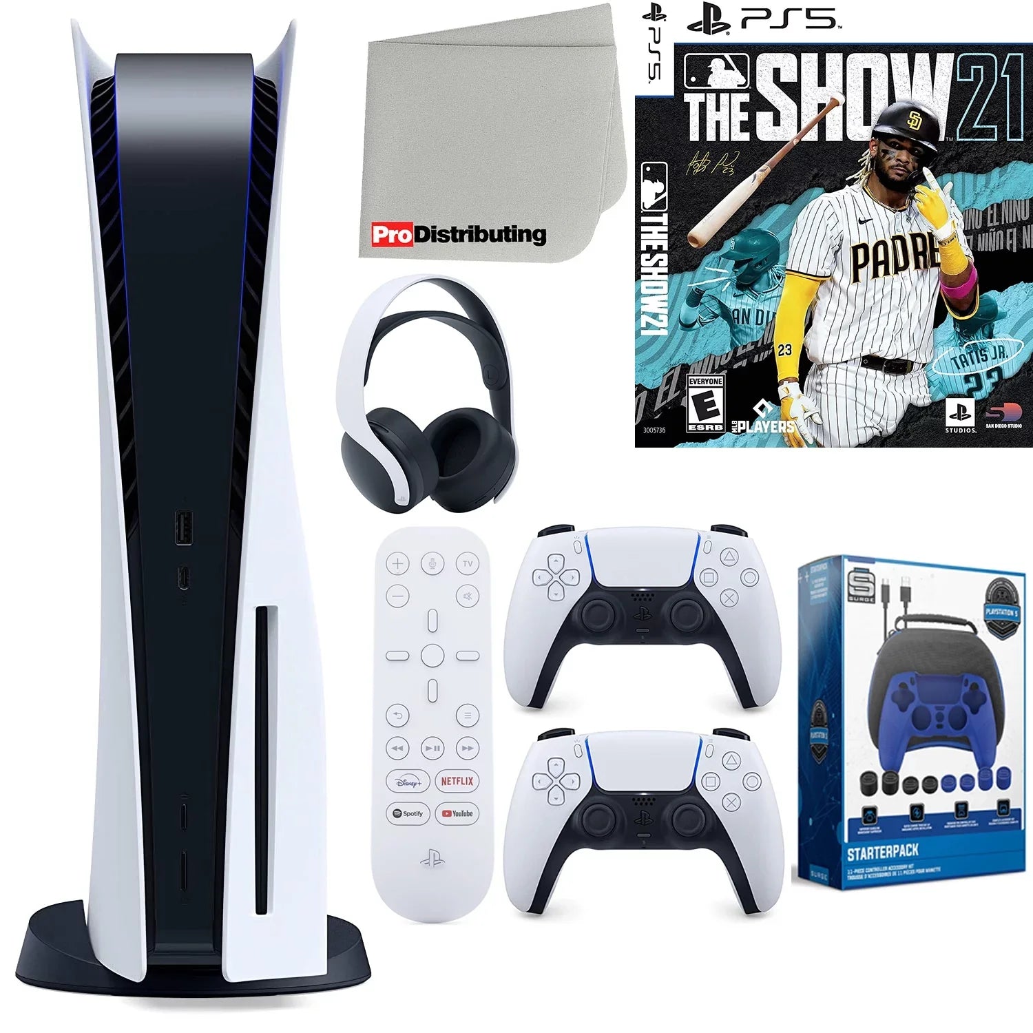 Sony Playstation 5 Disc Version (Sony  Disc) with White Extra Controller, Headset, Media Remote,  The Show 21, Accessory Starter Kit and Microfiber Cleaning Cloth Bundle