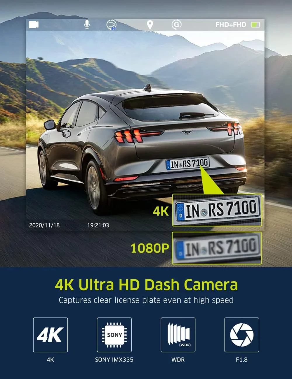 4K WiFi  Dash Cam,  Night Vision Dash Camera Front and Inside Car Camera with 64GB Card