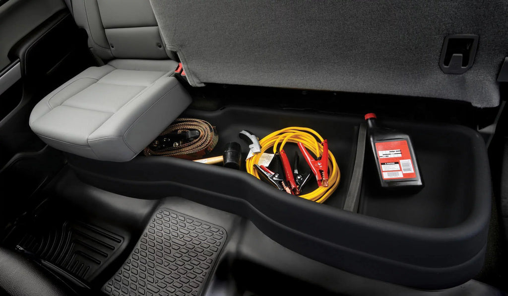 Husky by RealTruck Compatible with 2015-20 Ford -150 SuperCrew, 2017-20 Ford -250/-350 Crew Cab - without factory storage box Gearbox Under Seat Storage Box