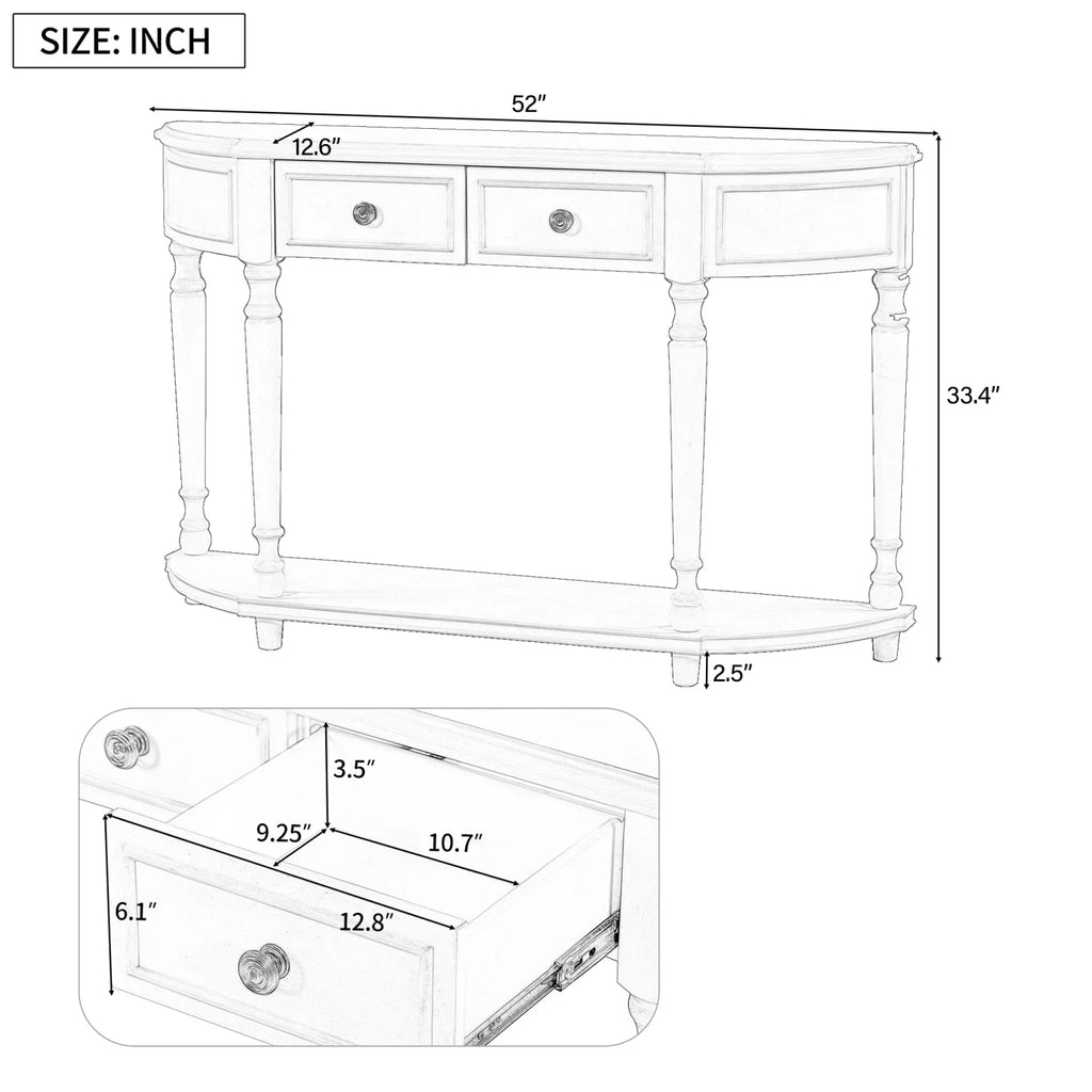 Retro Circular Curved Design Console Table with Open Style Shelf Solid Wooden Frame and Legs Two Top Drawers (White     )