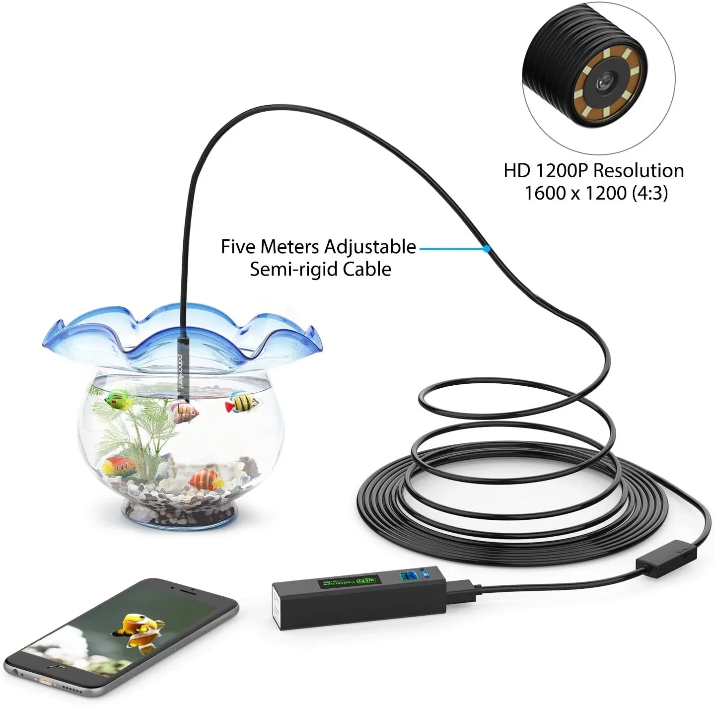 Pancellent Wireless Snake Camera 1200P WiFi Inspection Camera  Endoscope with 8  Light Rigid Cable Borescope for iPhone Android Smartphone Table Ipad  (5 Metes,16.5 )