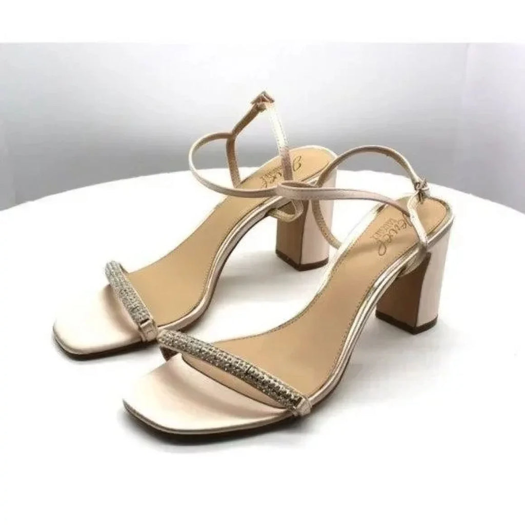 Womens Beige Rhinestone Ankle Strap Charlee Round Toe Block Heel Buckle Dress Heeled Sandal 9.5