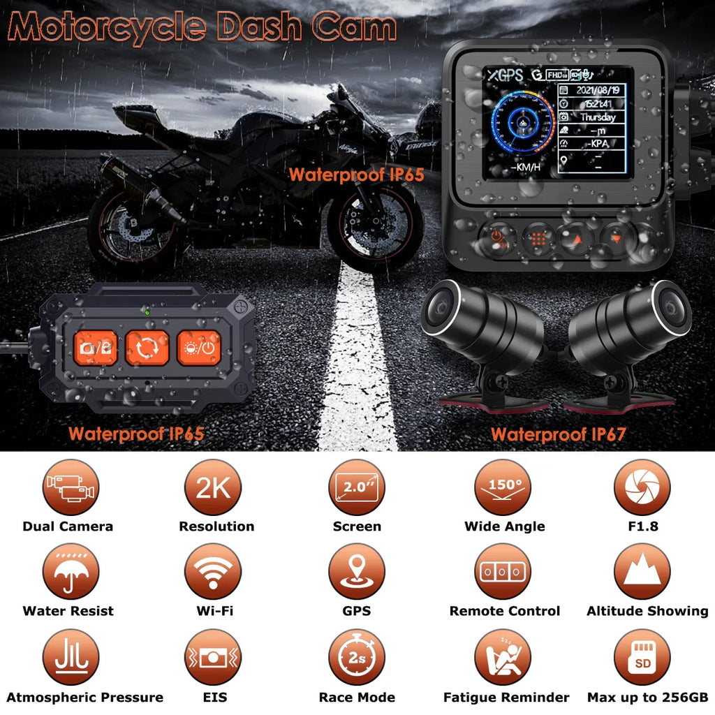 Dual 2K 30fps/1080P 60fps Motorcycle Camera, All Waterproof Dash Cam 2''  Front and Rear 150° Wide Angle with Wired Remote, Wi-Fi, ,  and Race Mode, Max up to 256GB