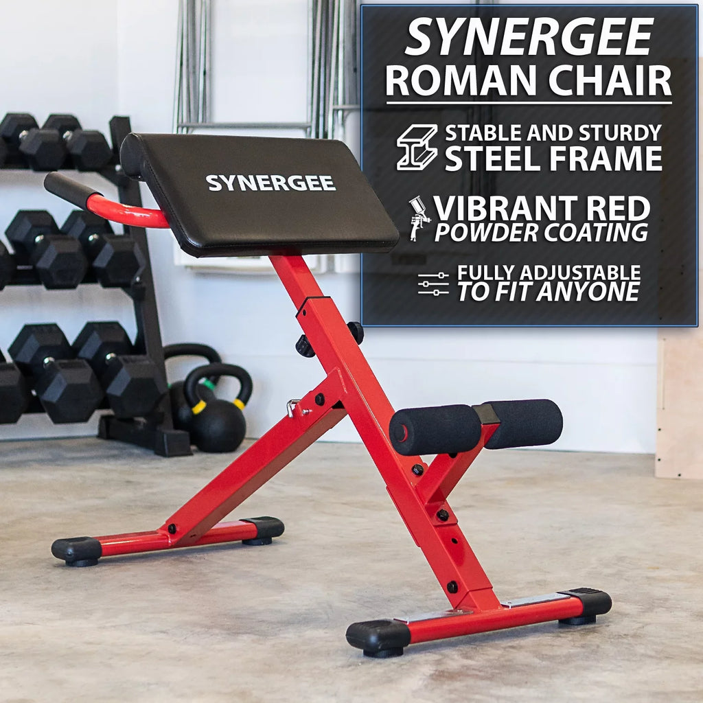 Synergee Roman Chair. Red Coated Steel Hyperextension Machine.  Ab Bench for Lower Back Workout, Hyper Exercises.