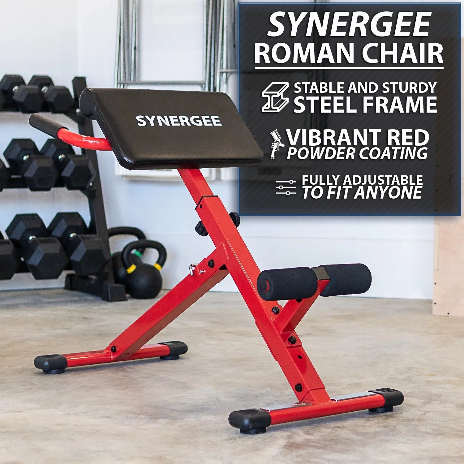 Synergee Roman Chair. Red Coated Steel Hyperextension Machine.  Ab Bench for Lower Back Workout, Hyper Exercises.