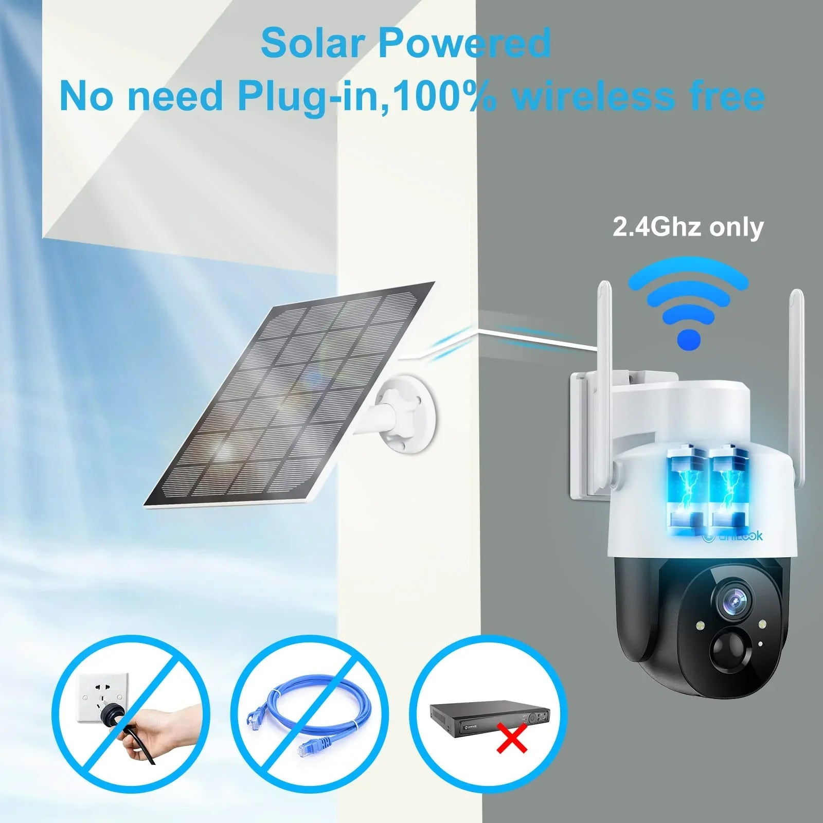 Unilook Solar Security Wifi Camera Outdoor, 2K Wireless Battery  Camera,  Waterproof Rechargeable Works with Alexa