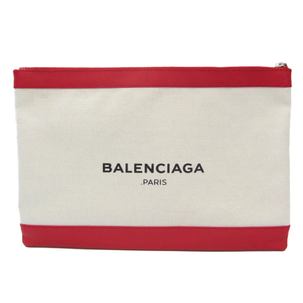 Pre-Owned Balenciaga 373840 Women's Leather,Canvas Clutch Bag,Pouch Beige,Red Color (Good)
