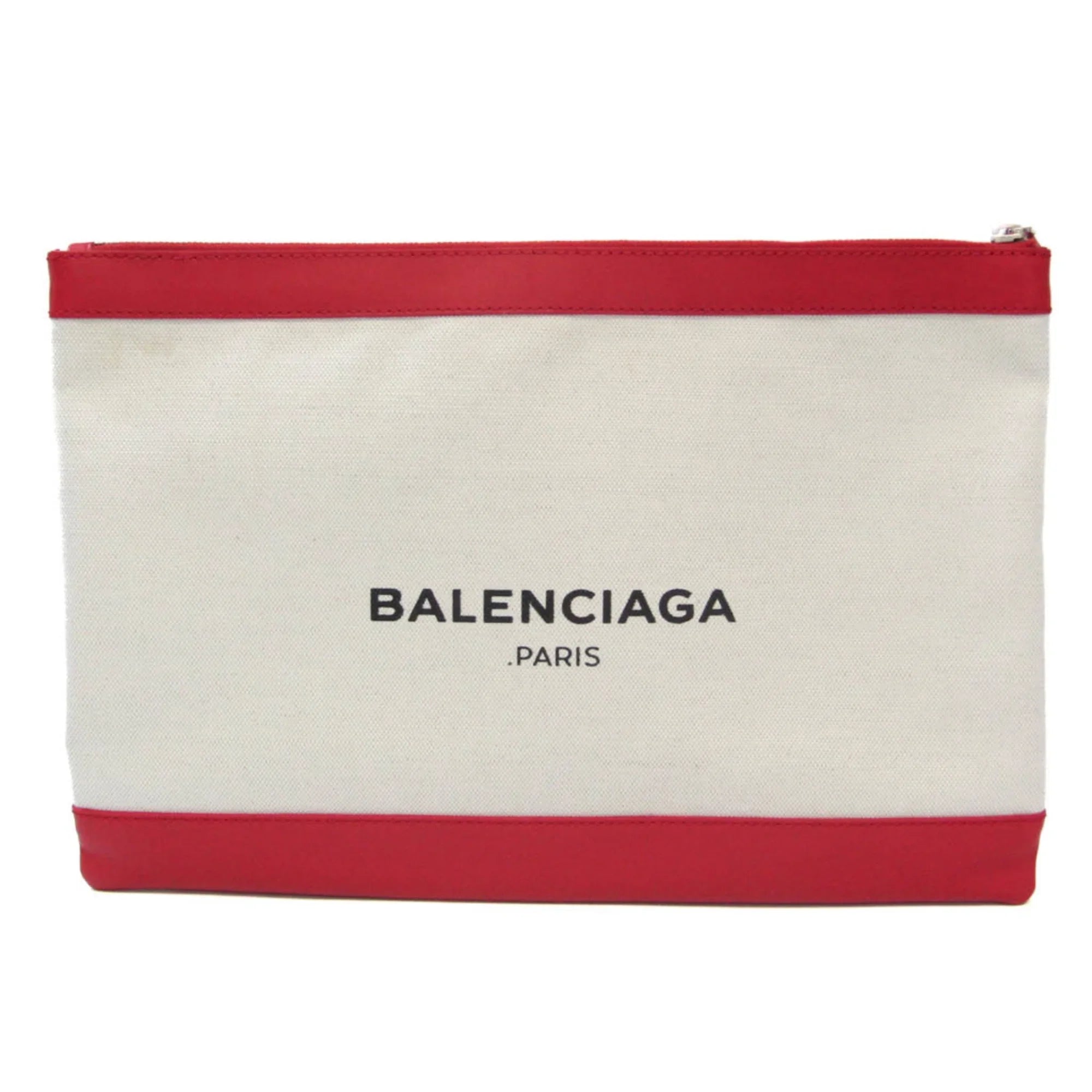 Pre-Owned Balenciaga 373840 Women's Leather,Canvas Clutch Bag,Pouch Beige,Red Color (Good)