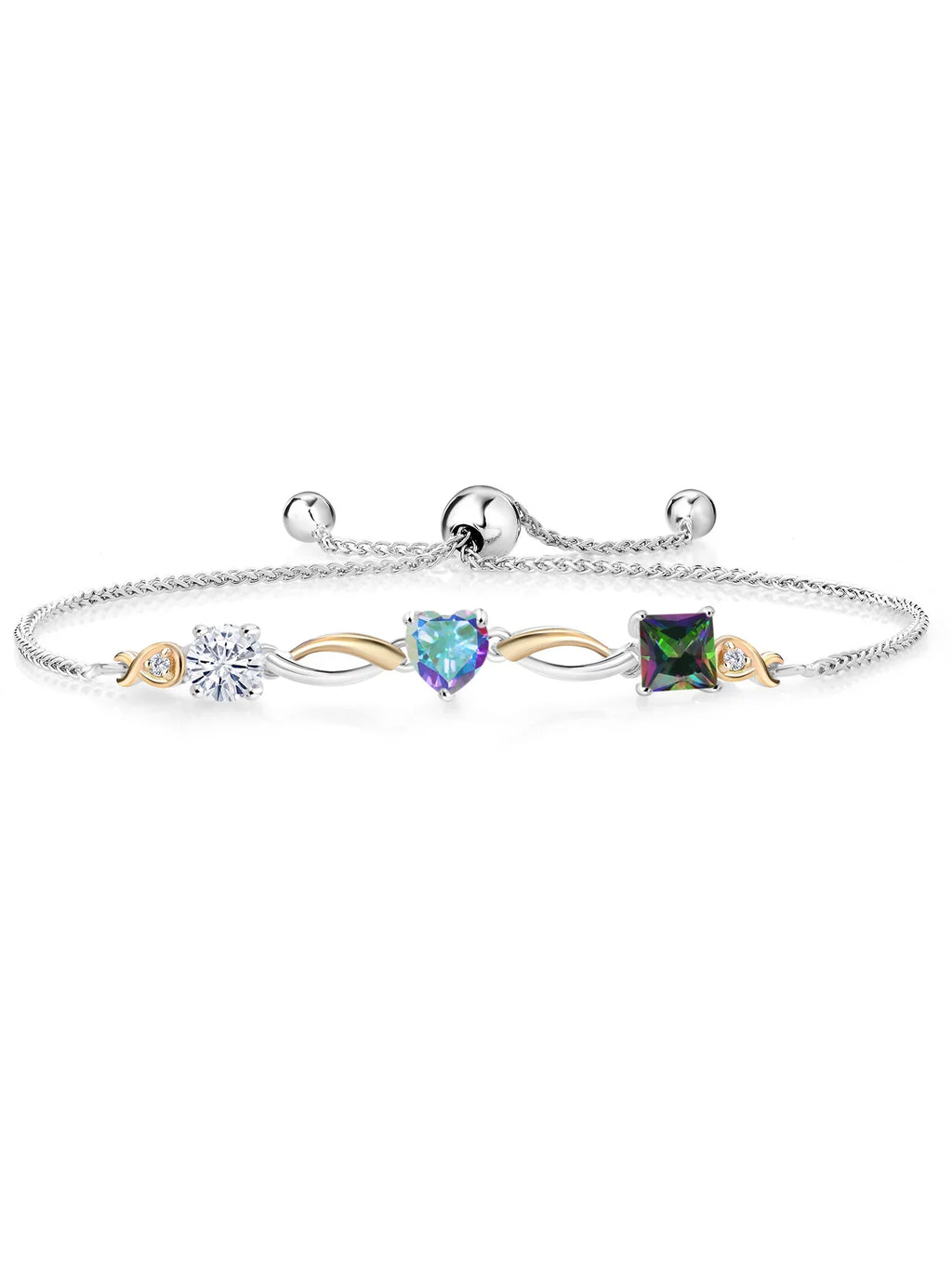 925 Silver and 10K Yellow Gold Moissanite Mercury Mist Mystic Topaz Green Mystic Topaz and Lab Grown Diamond Tennis Bracelet for Women By Keren Hanan (2.30 cttw, Adjustable Up To 9 inch)