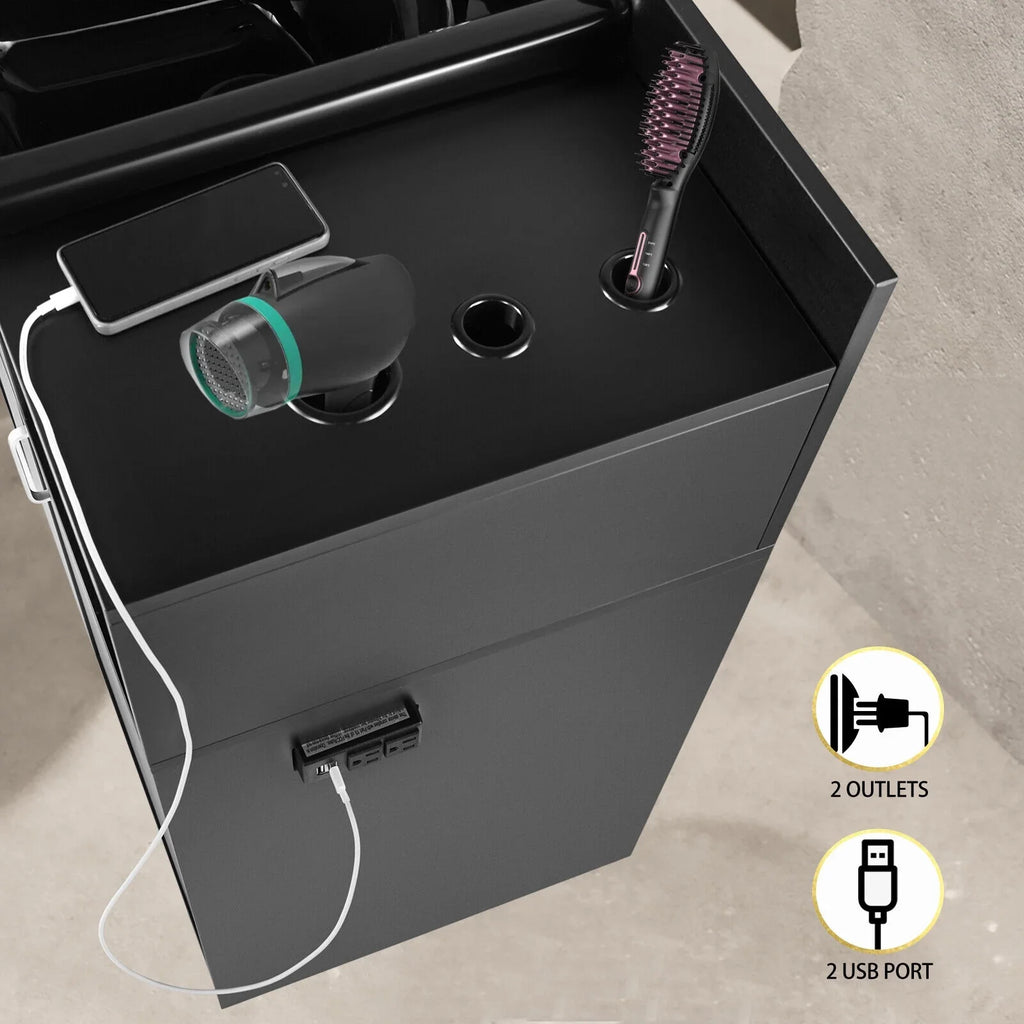 Artist hand Backwash Sink Shampoo Station Hair Salon Beauty with ,Hair Dryer Holes, Trap,Drawer(Black)
