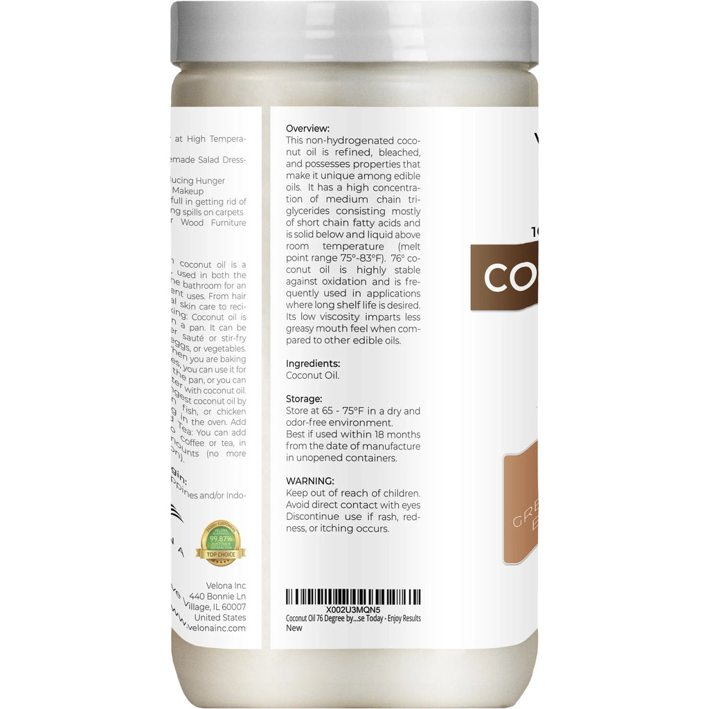 Velona Coconut Oil 76 Degree - 64 oz | 100% Pure and Natural Carrier Oil | in jar | Refined, Cold pressed | Skin, Face, Body, Hair Care