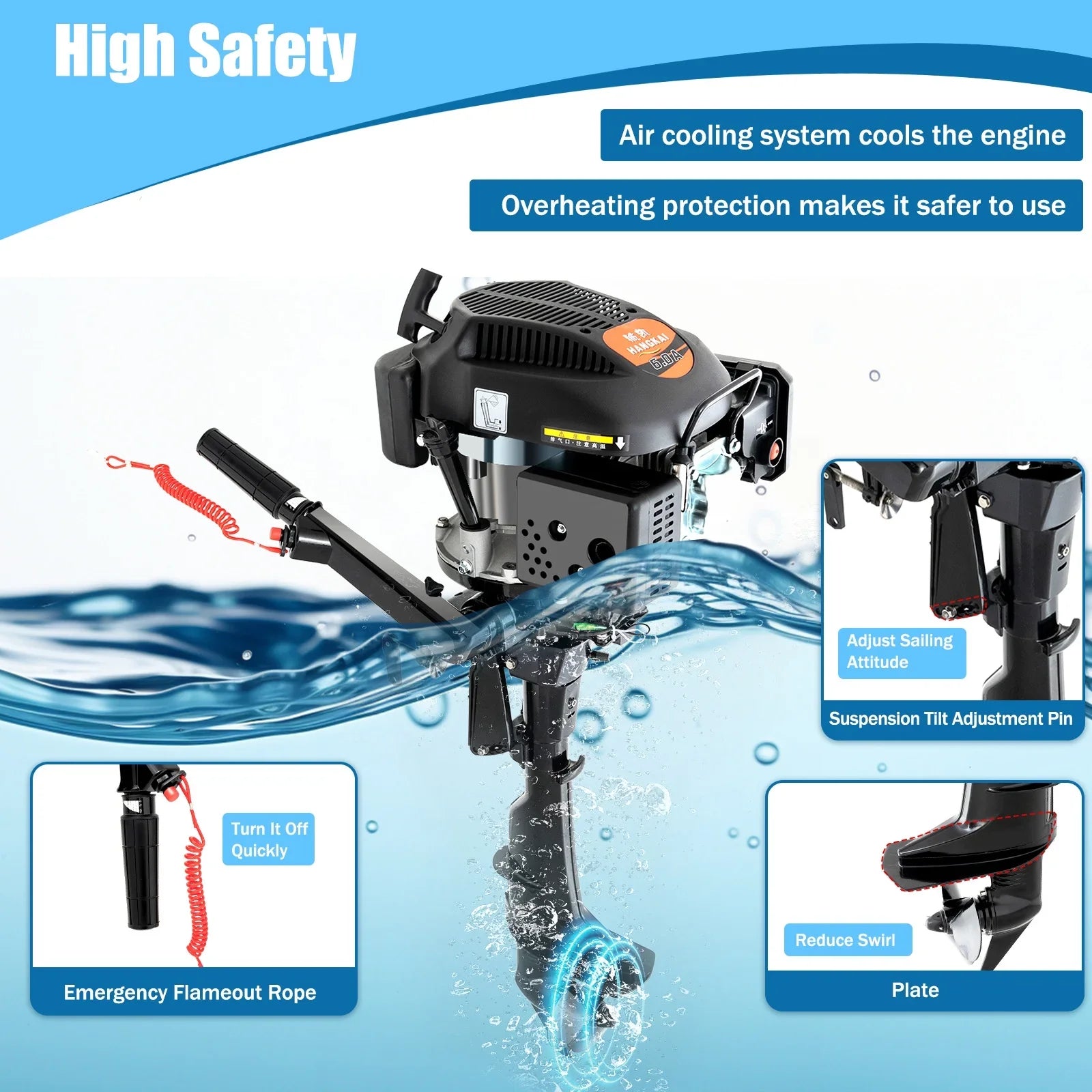 Fichiouy 6  4 Stroke Outboard Motor Engine Tiller Shaft Boat Engine Air Cooling 2500rpm with  Water Air Cooling System 1:1.5