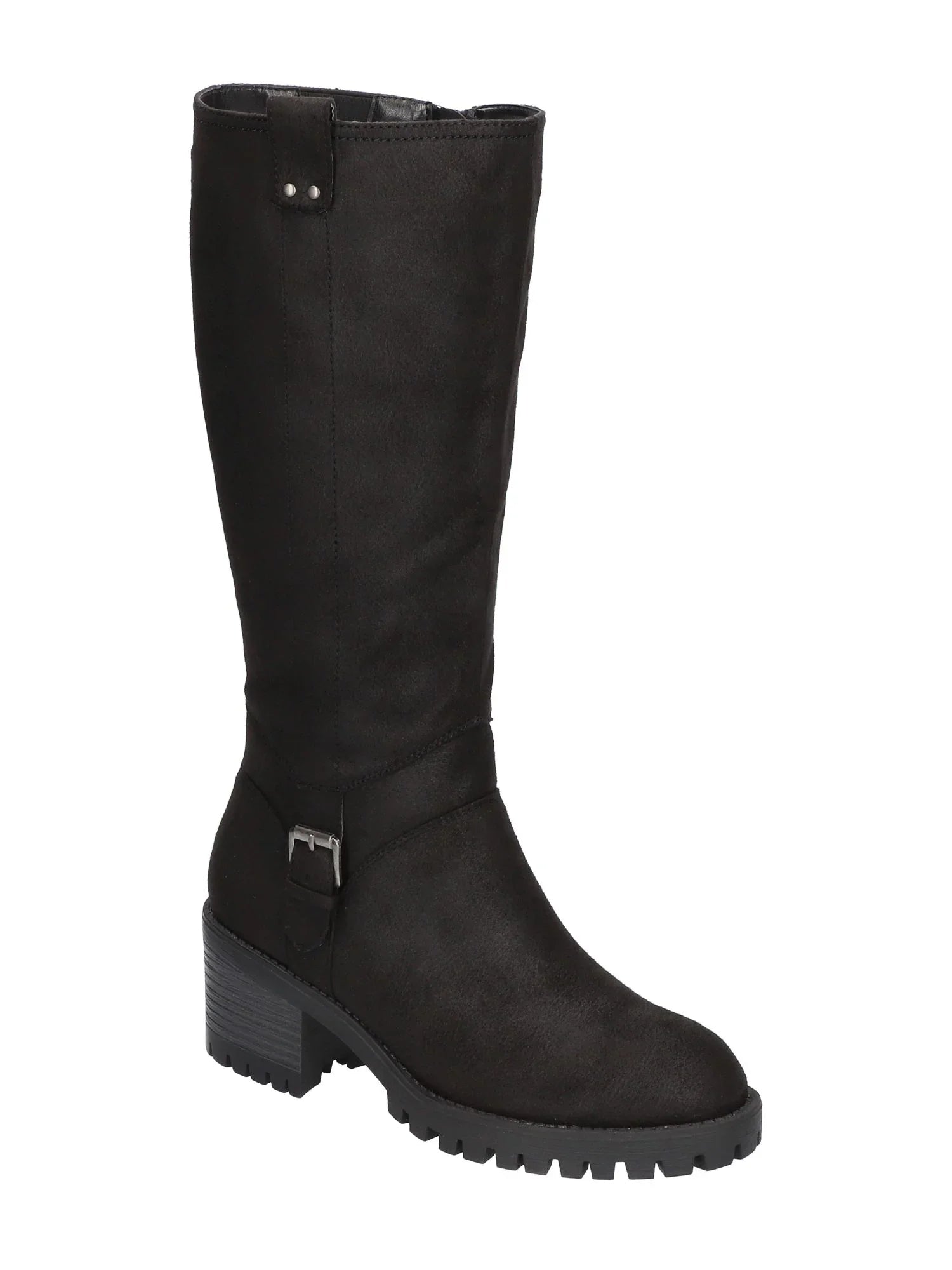 Womens Black Goring Buckled Strap Side Pull-Tab Lug Sole Padded Lorielle Round Toe Block Heel Zip-Up Boots Shoes 9.5