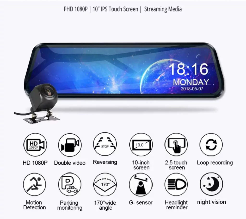 10” Mirror Dash Cam 1080P Touchscreen Dual Lens Front & Rear-View Night Vision 170° Wide Angle, Loop Recording -Sensor, Parking Monitoring Camera (64   Card included)