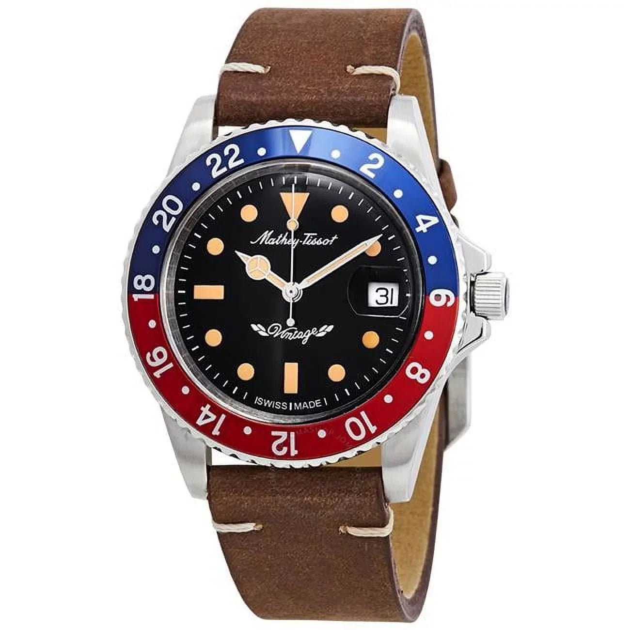 Vintage Leather Strap Black Dial Automatic 100M Mens Watch, Black - Adult