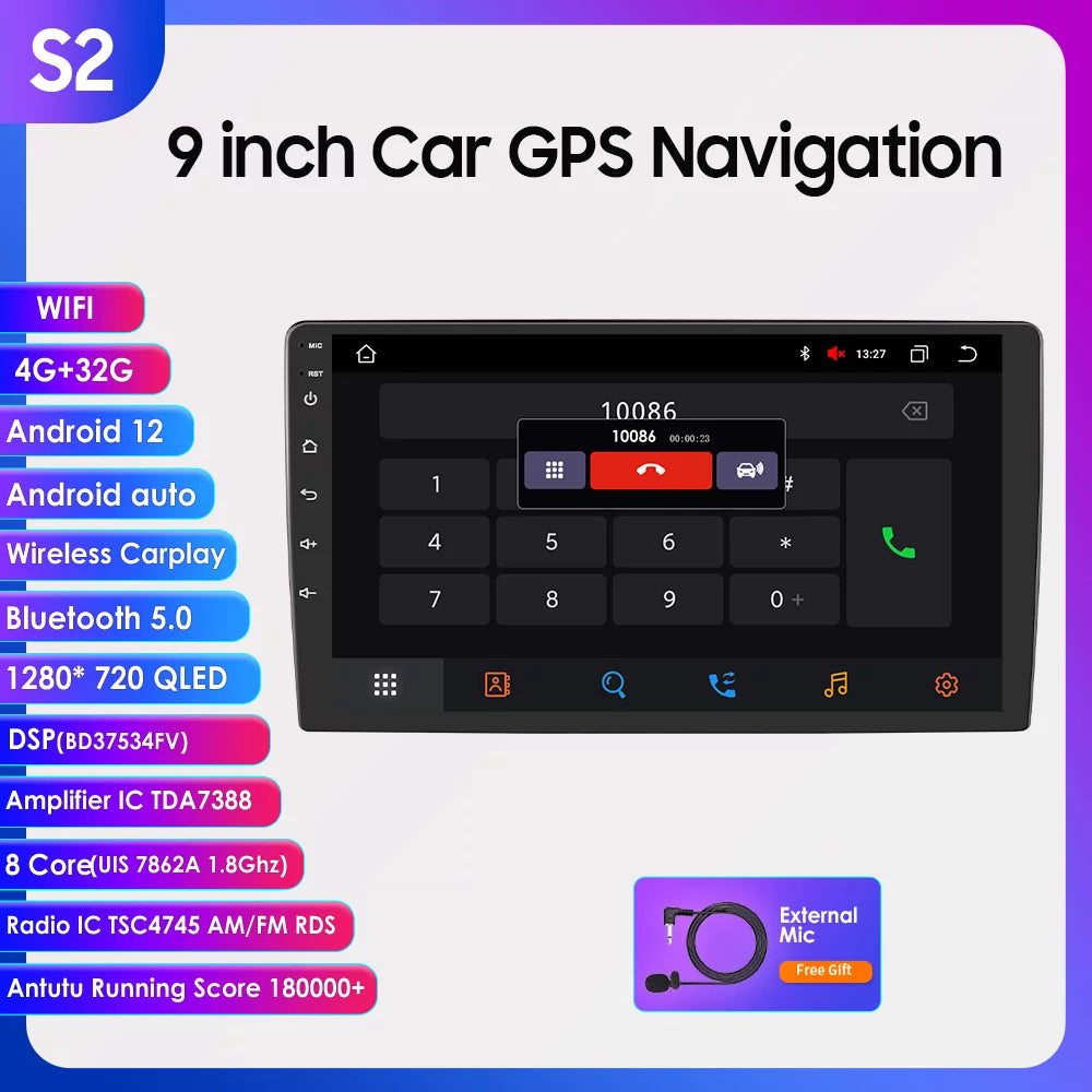 2S Series 9" 4+32GB Touchscreen Android 12 Octa Core  1280*720 Car Gps Navigation Stereo Carplay