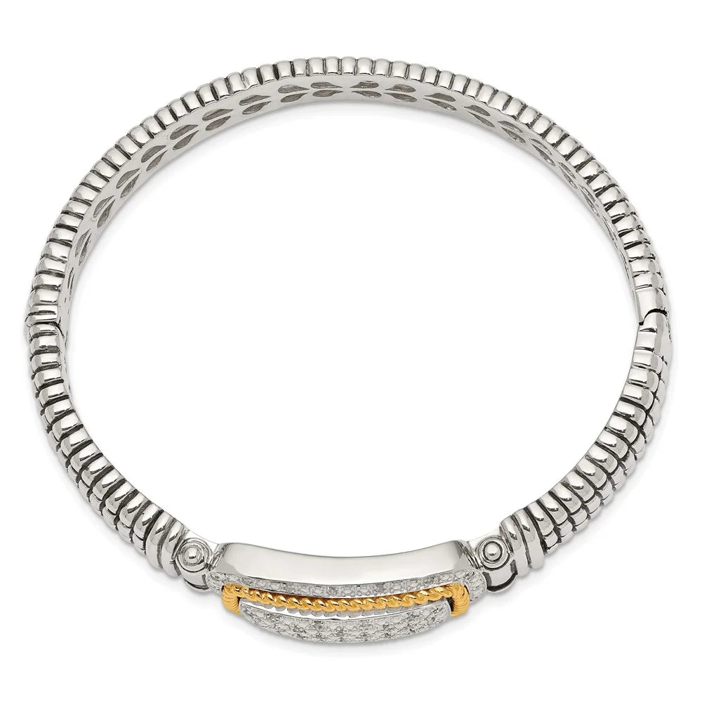 Shey Couture Sterling Silver with 14K Accent Antiqued 1/4 carat Diamond Hinged Bangle Bracelet -