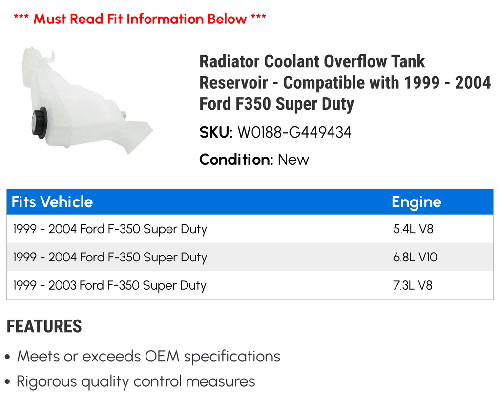 Radiator Coolant Overflow Tank Reservoir - Compatible with 1999 - 2004 Ford  Super Duty 2000 2001 2002 2003