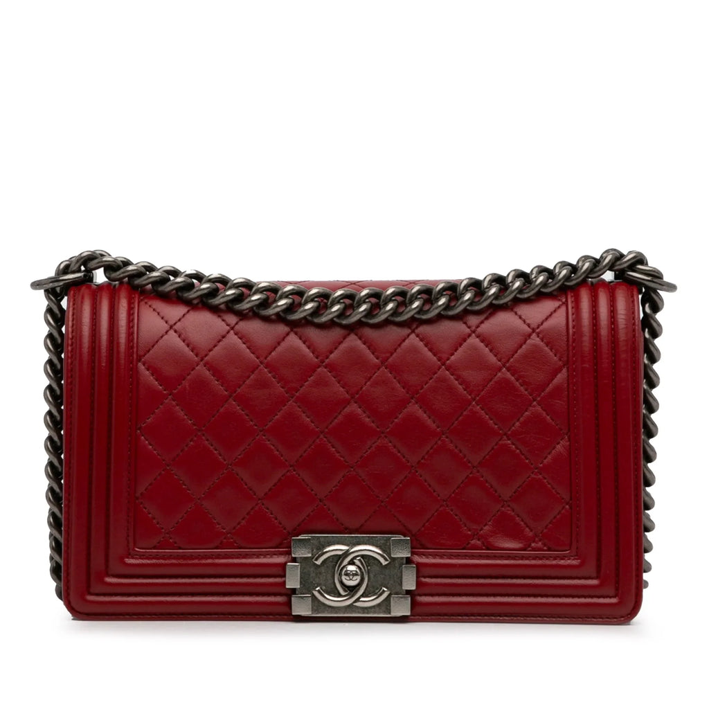 Pre-Owned Authenticated Chanel Medium Lambskin Boy Flap Bag Leather Red Crossbody Bag Unisex (Good)