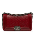 Pre-Owned Authenticated Chanel Medium Lambskin Boy Flap Bag Leather Red Crossbody Bag Unisex (Good)