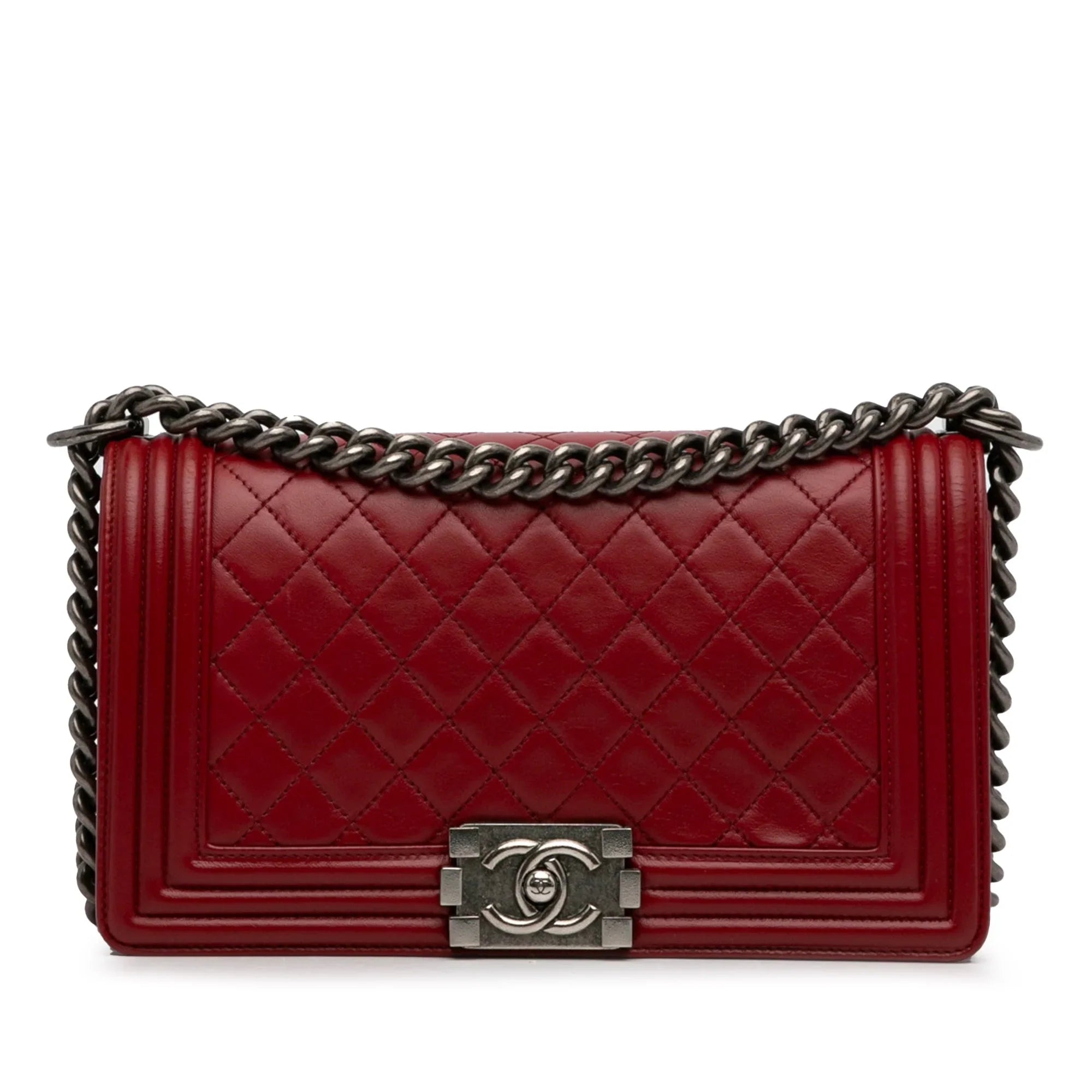 Pre-Owned Authenticated Chanel Medium Lambskin Boy Flap Bag Leather Red Crossbody Bag Unisex (Good)