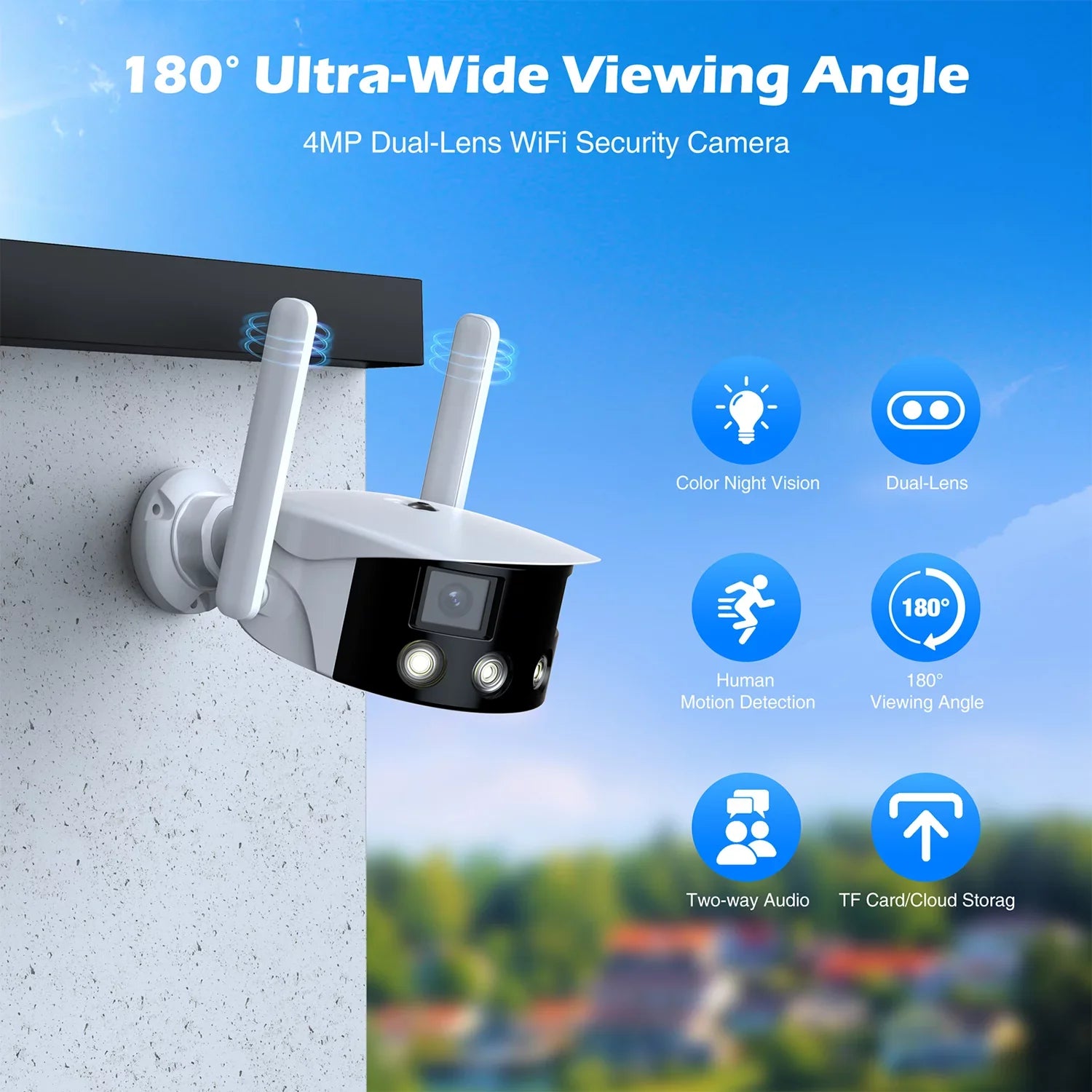 Toguard  2K Wireless Security Camera Outdoor, 180° Ultra-Wide View Dual Lens Bullet Surveillance Camera Wireless Connector
