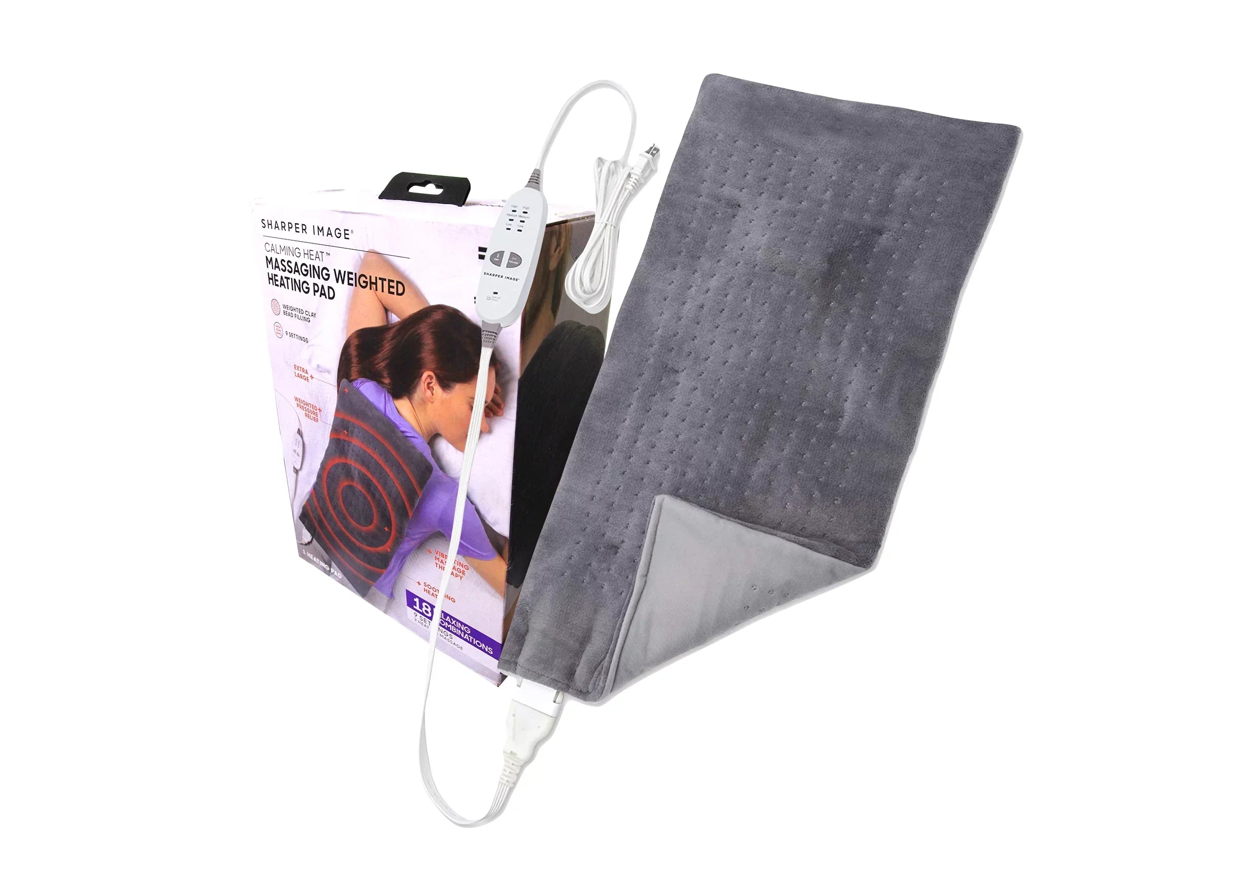 Calming Heat Massaging Weighted Heating Pad by Sharper Image- Weighted Electric Heating Pad with Massaging Vibrations, 9 Settings- 3 Heat, 6 Massage- 18 Relaxing Combinations, 12” x 24”